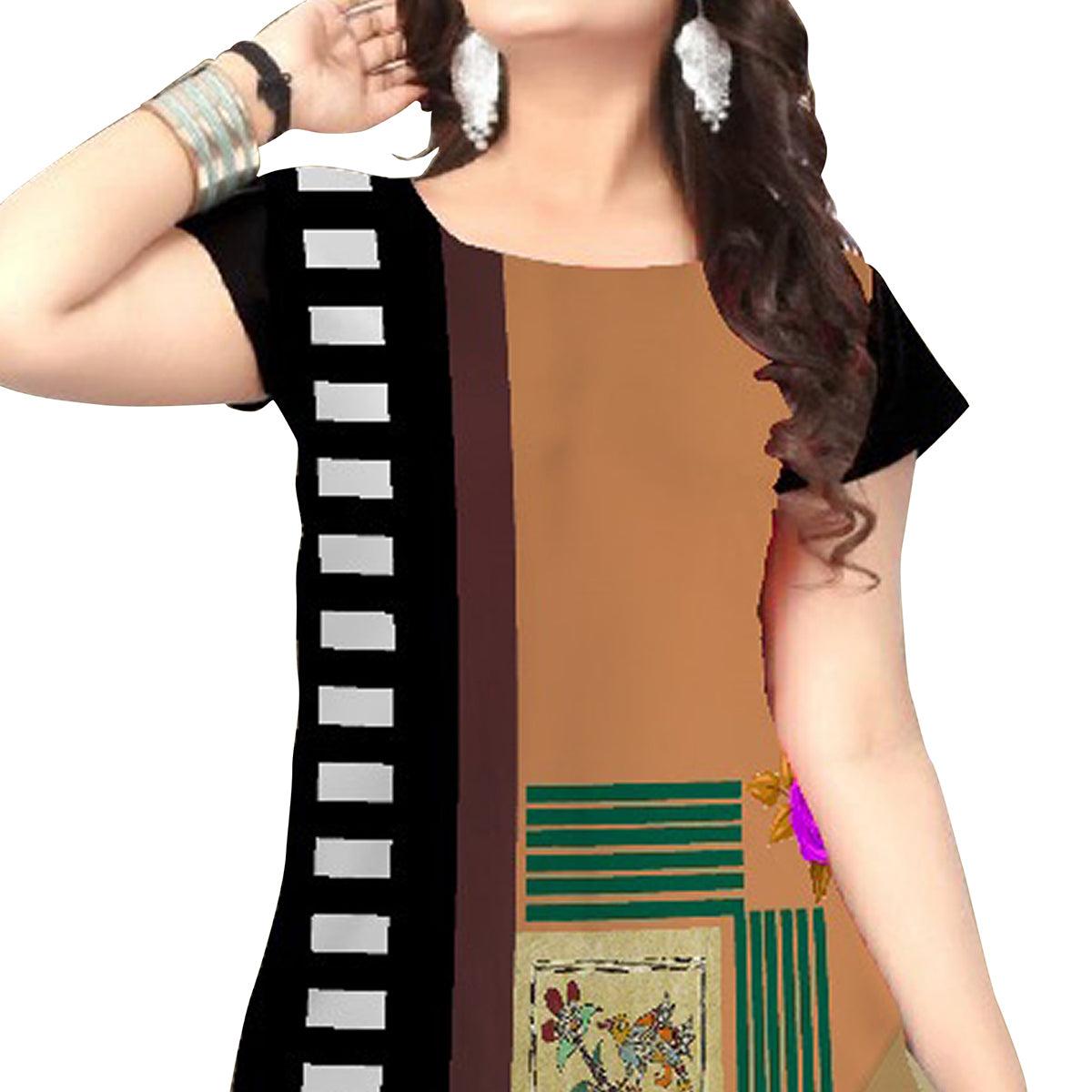 Imposing Brown Colored Casual Printed Crepe Kurti - Peachmode