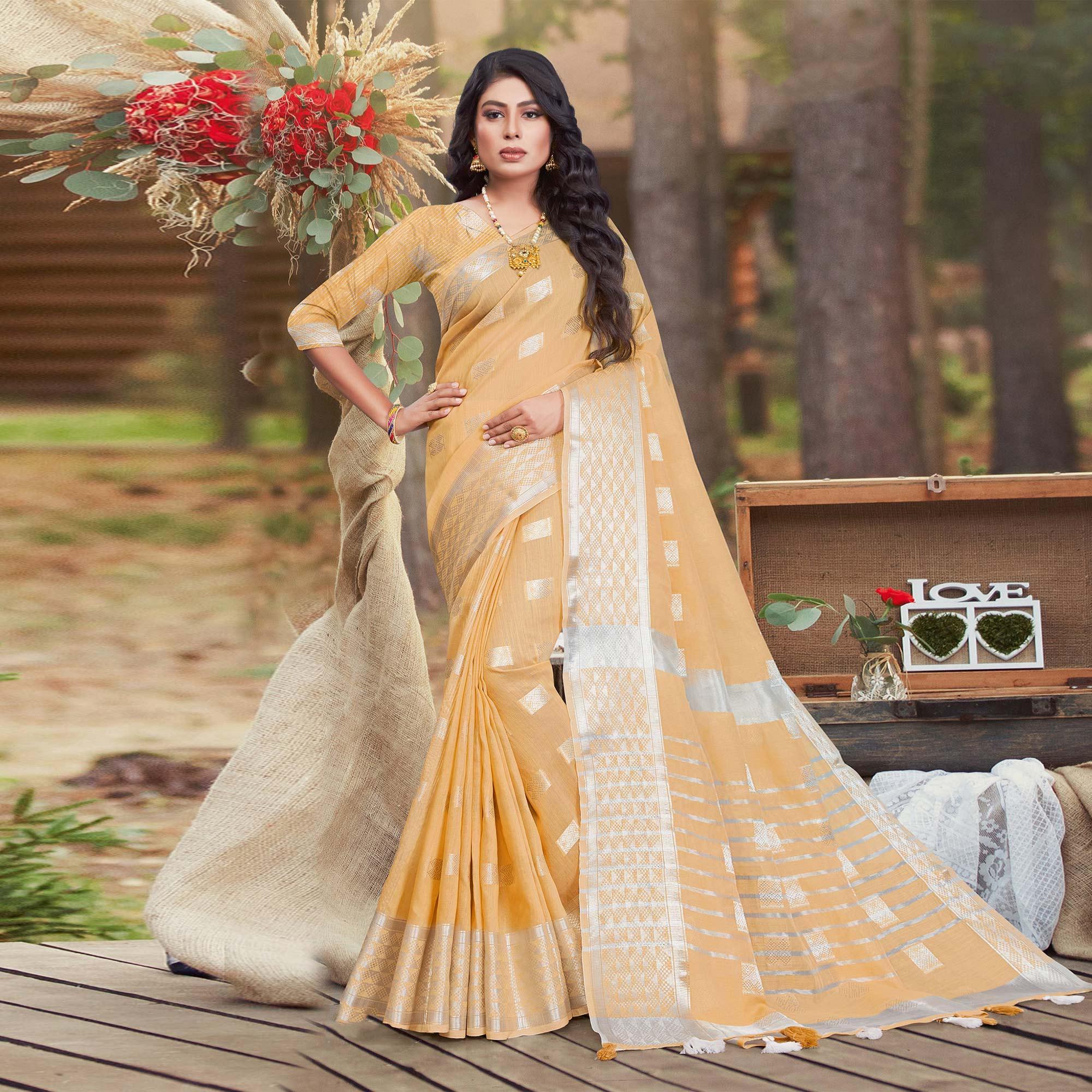 Imposing Brown Coloured Partywear Woven Linen Cotton Saree - Peachmode