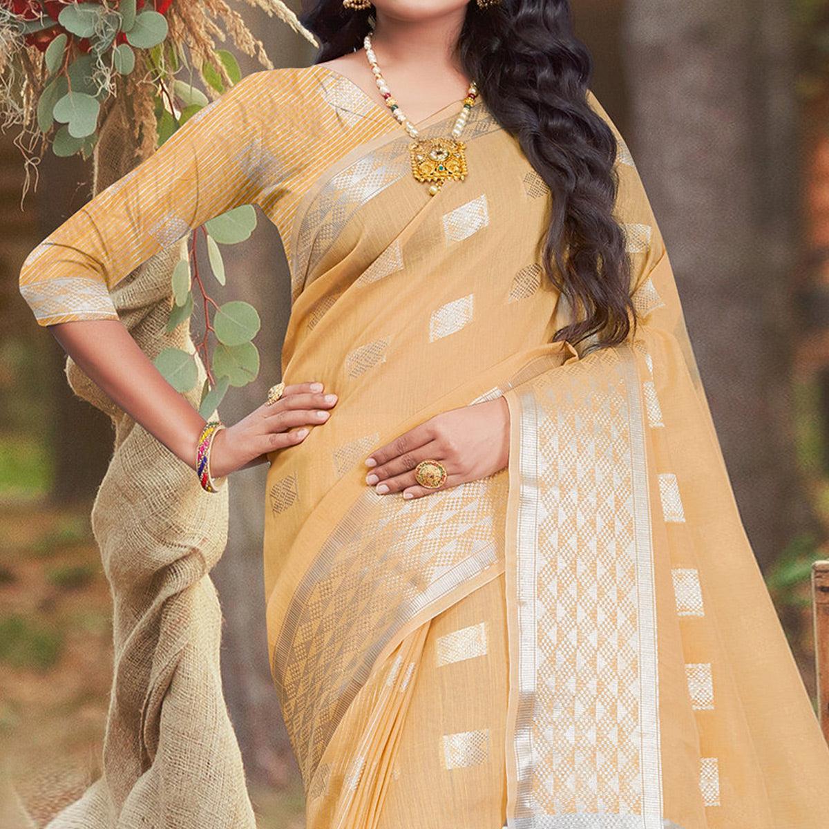 Imposing Brown Coloured Partywear Woven Linen Cotton Saree - Peachmode