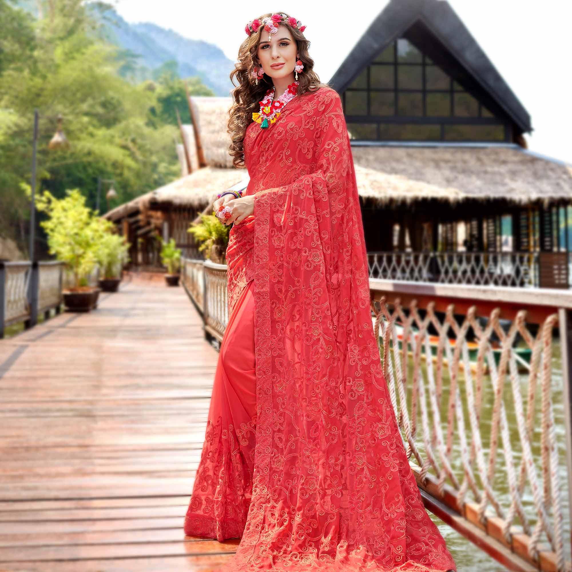 Imposing Coral Red Colored Partywear Embroidered Georgette Saree - Peachmode