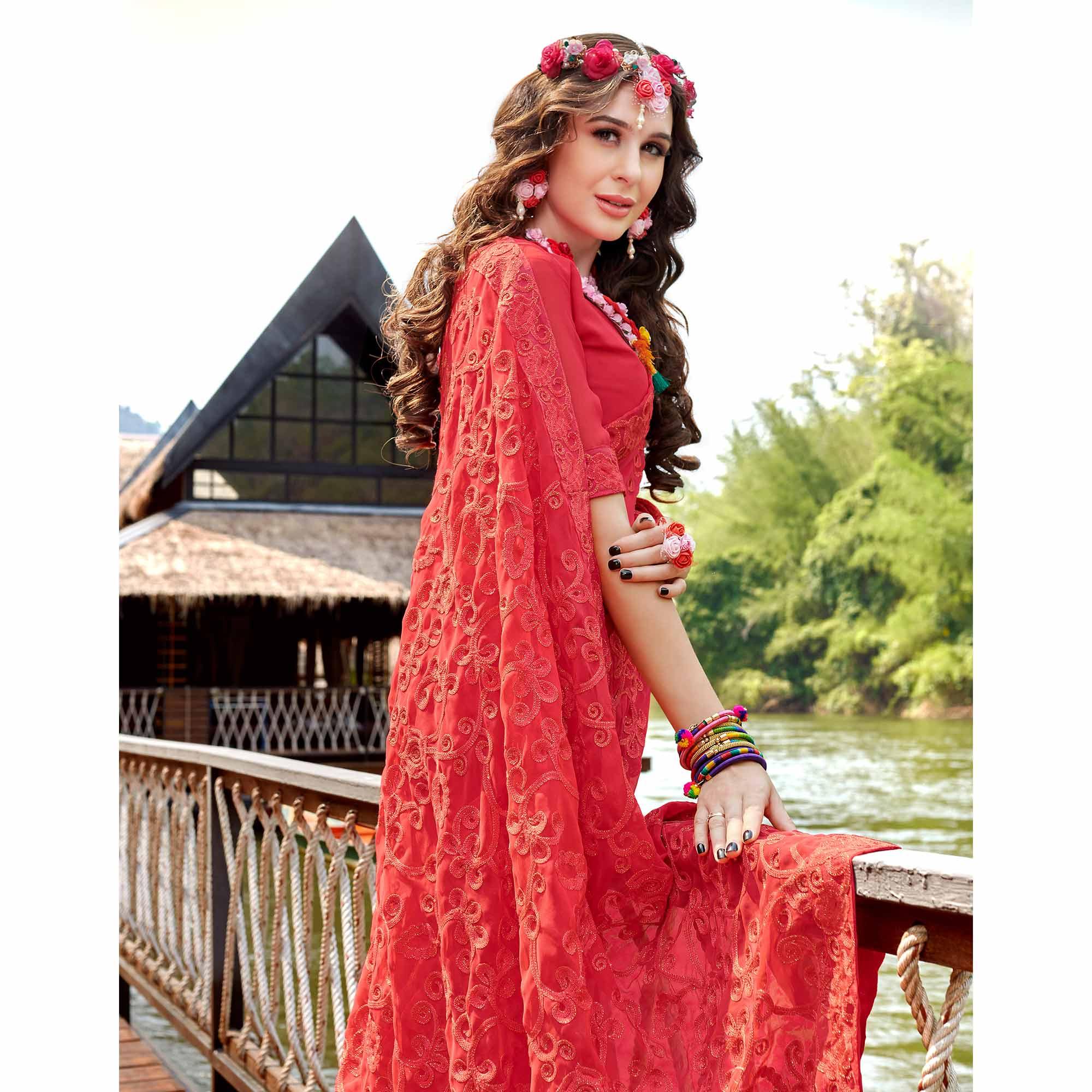 Imposing Coral Red Colored Partywear Embroidered Georgette Saree - Peachmode