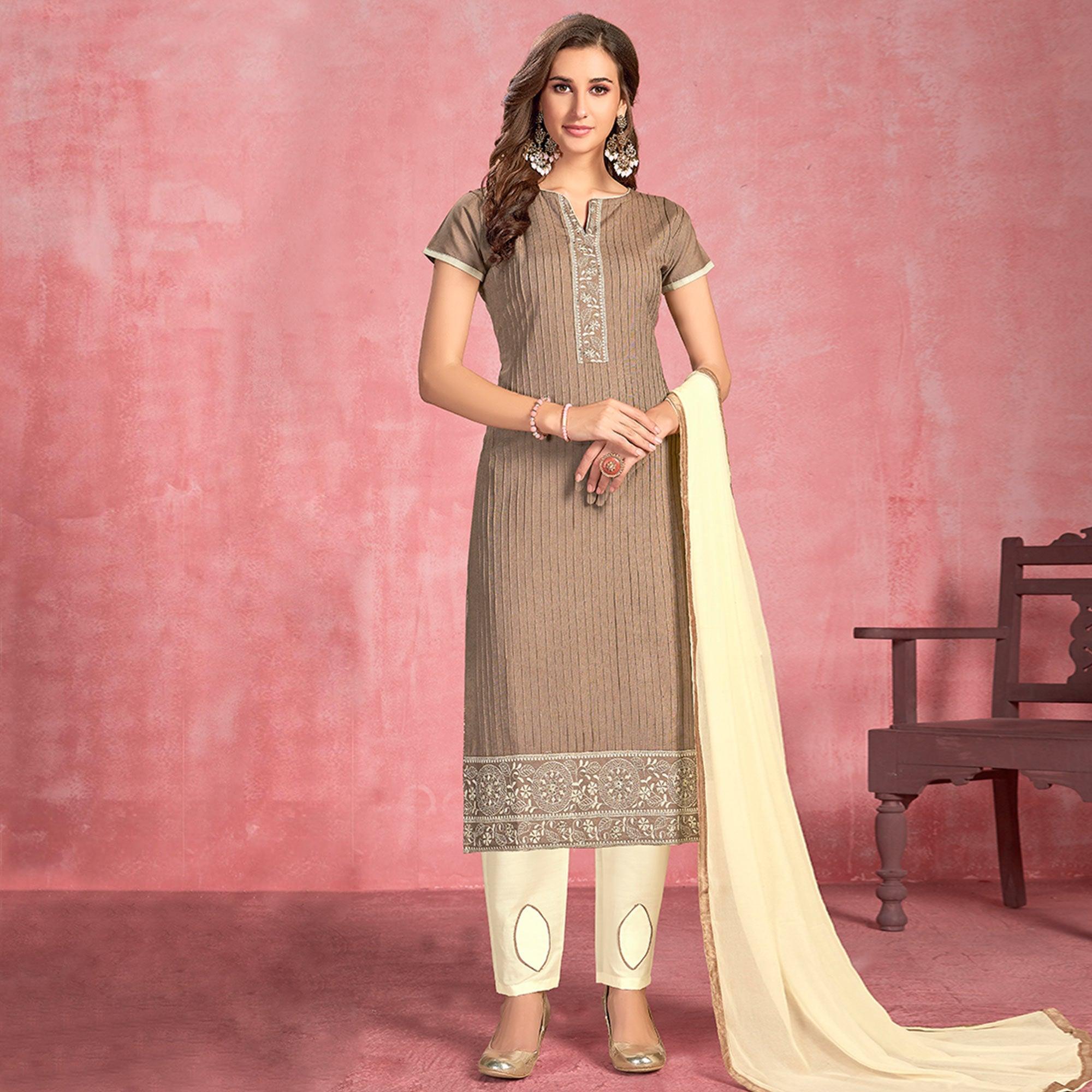 Imposing Dark Beige Colored Partywear Embroidered Pure Cotton Dress Material - Peachmode