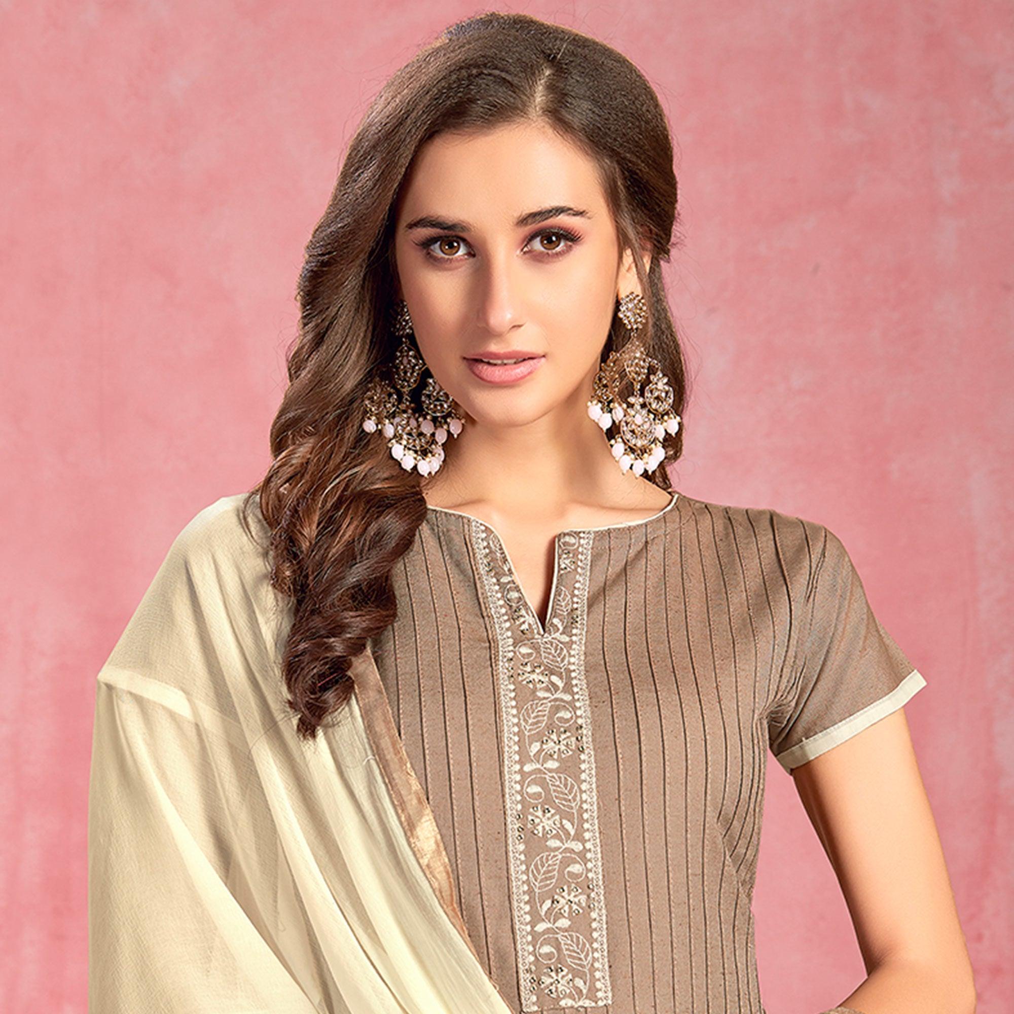 Imposing Dark Beige Colored Partywear Embroidered Pure Cotton Dress Material - Peachmode