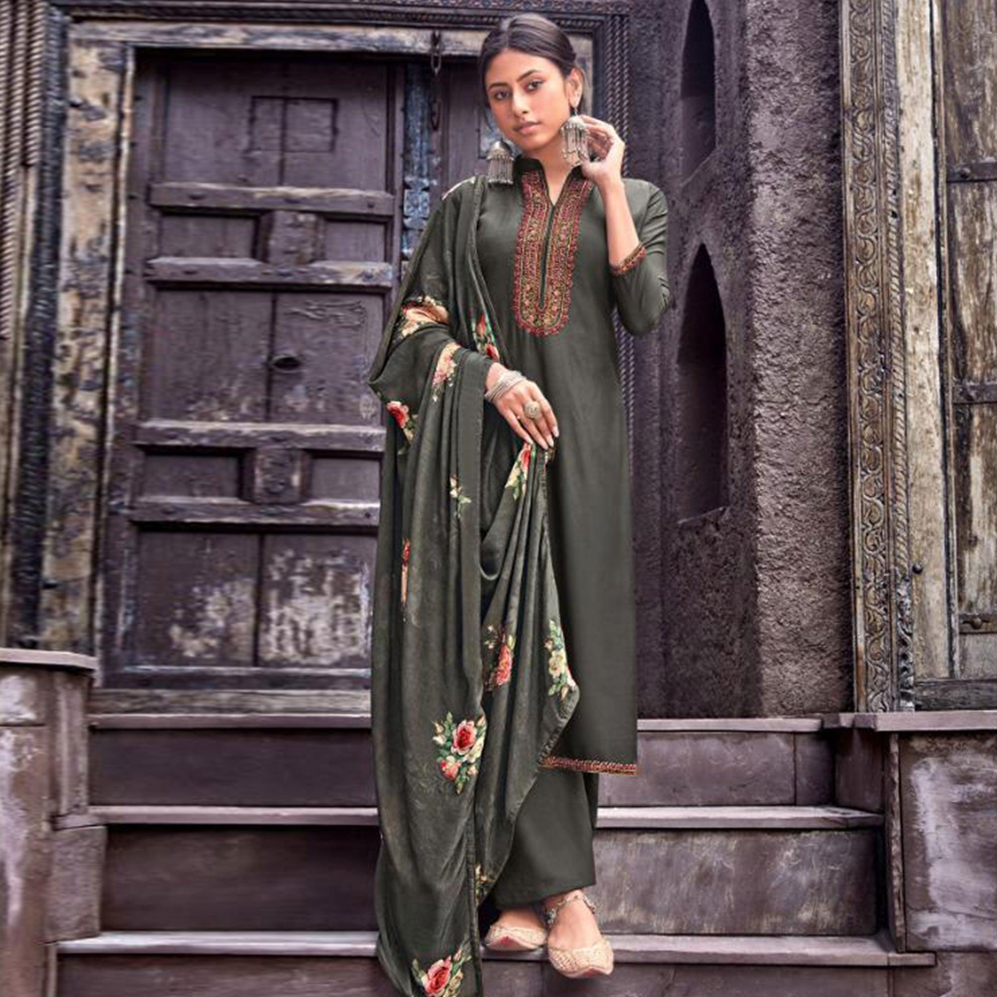 Imposing Dark Grey Colored Partywear Printed Viscose Muslin Suit - Peachmode