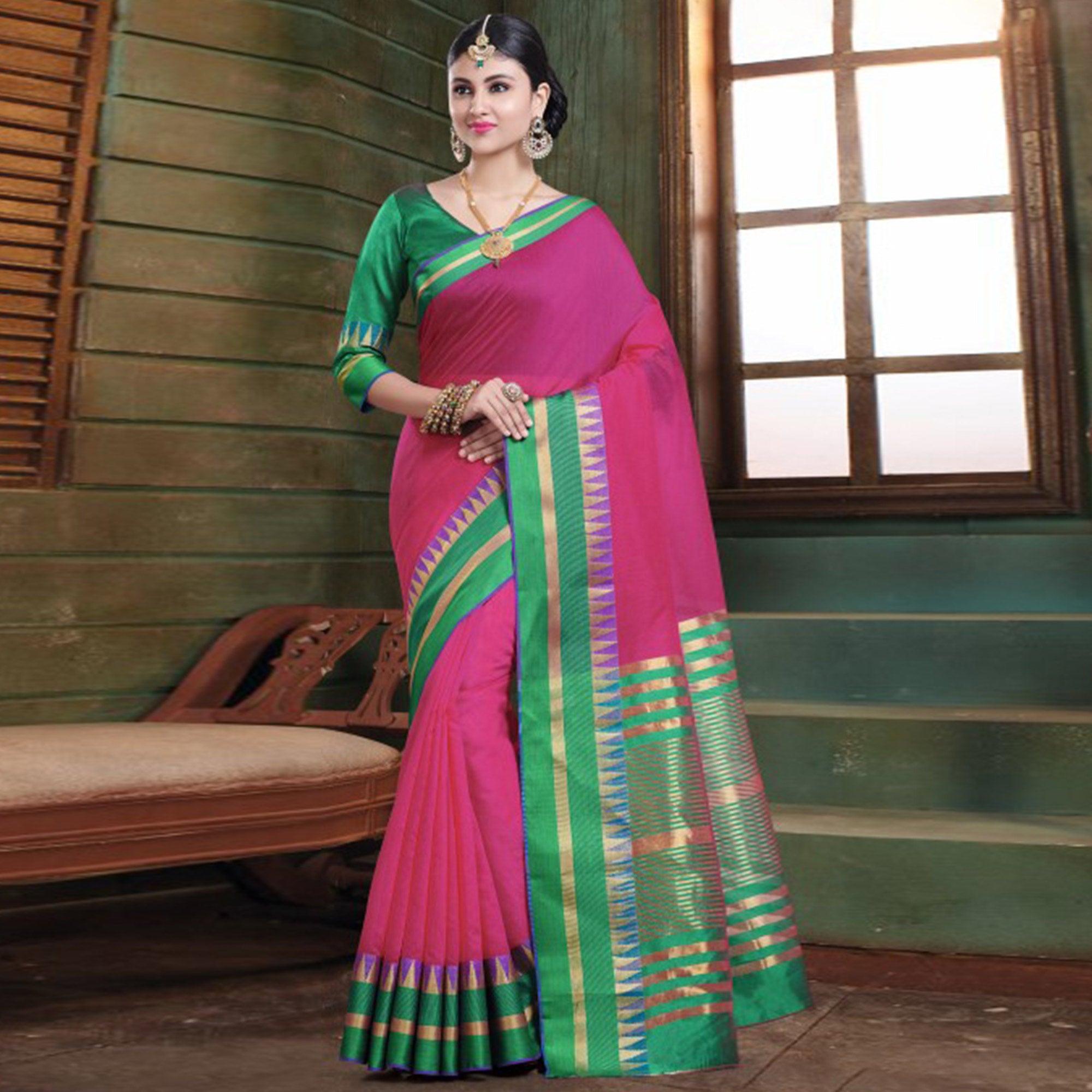Imposing Dark Pink Colored Festive Wear Woven Cotton Handloom Saree - Peachmode