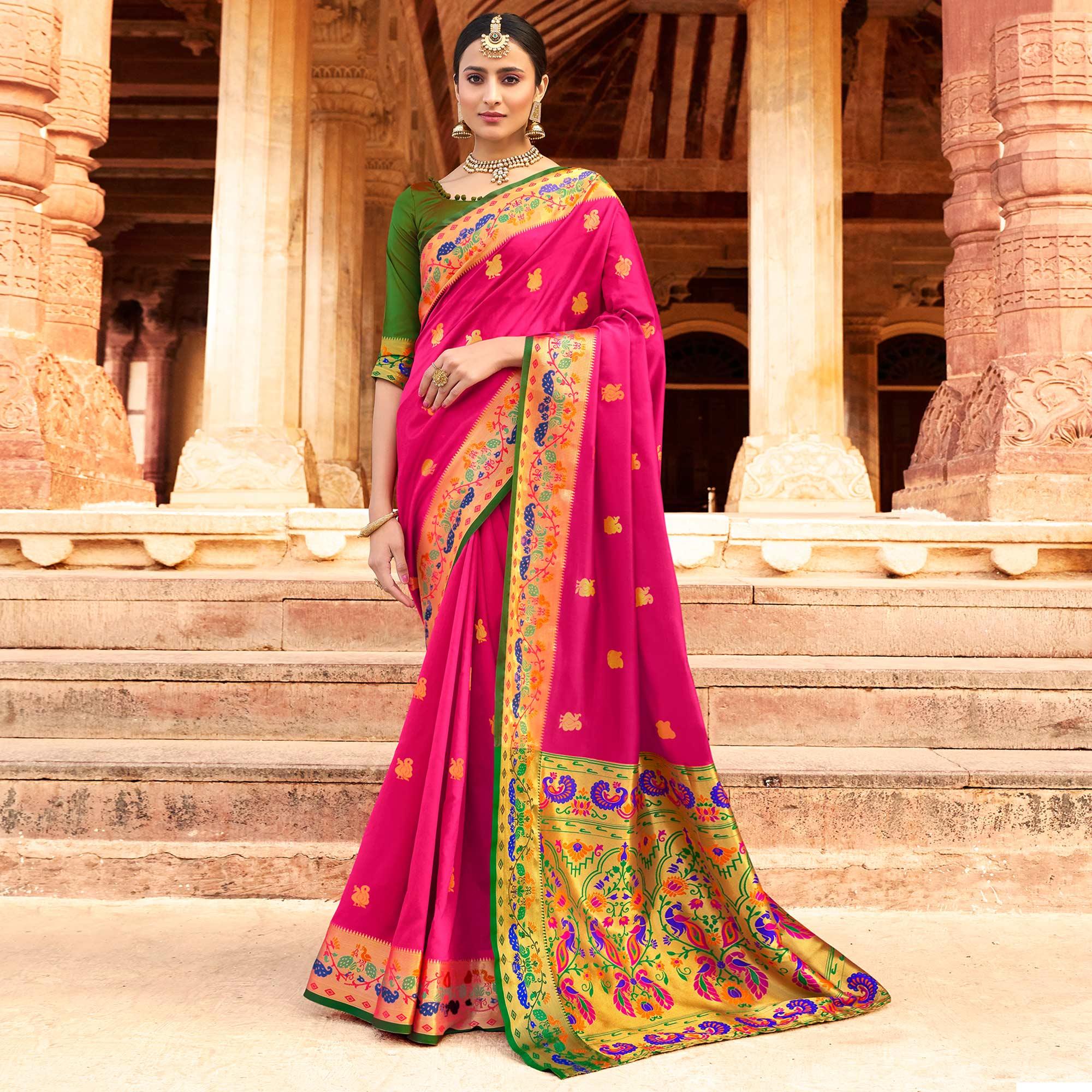 Imposing Dark Pink Colored Festive Wear Woven Paithani Silk Saree - Peachmode