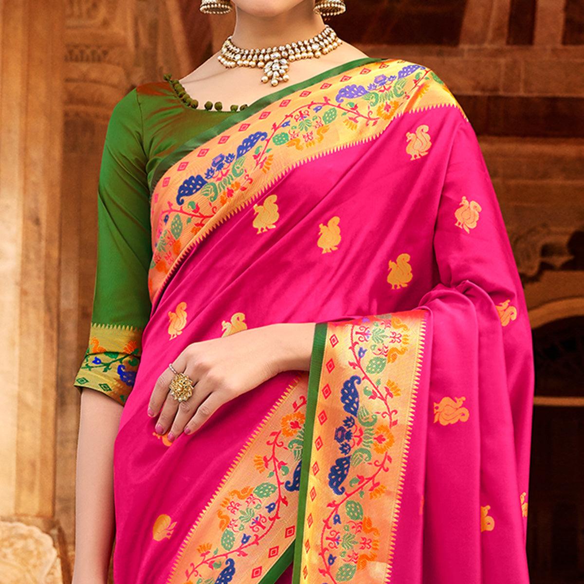Imposing Dark Pink Colored Festive Wear Woven Paithani Silk Saree - Peachmode