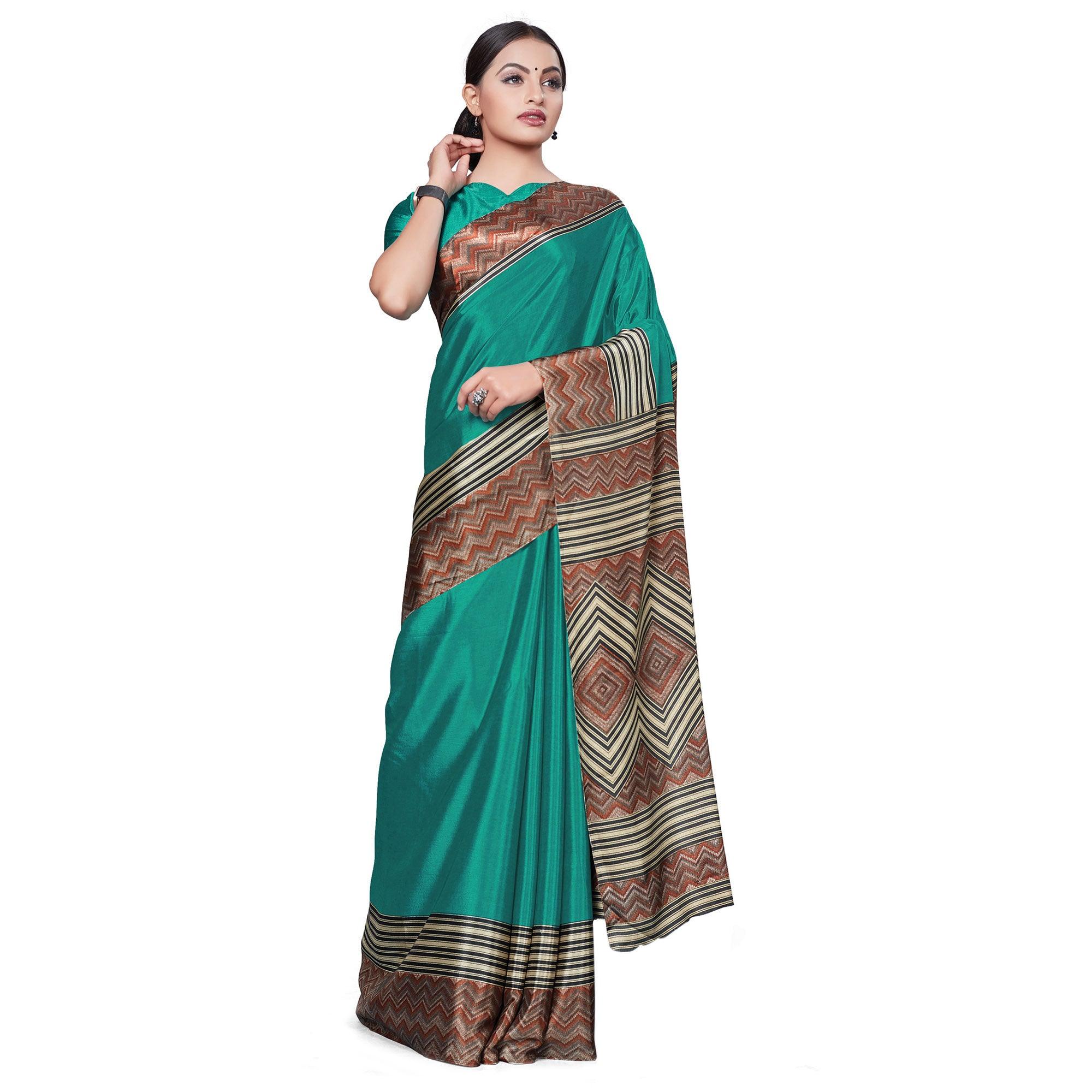 Imposing Dark Turquoise Colored Casual Wear Printed Crepe Saree - Peachmode