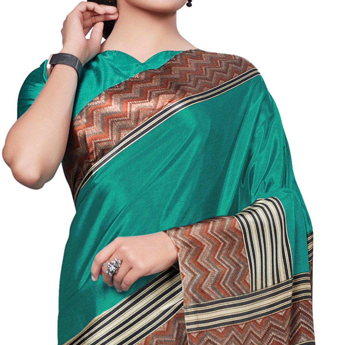 Imposing Dark Turquoise Colored Casual Wear Printed Crepe Saree - Peachmode