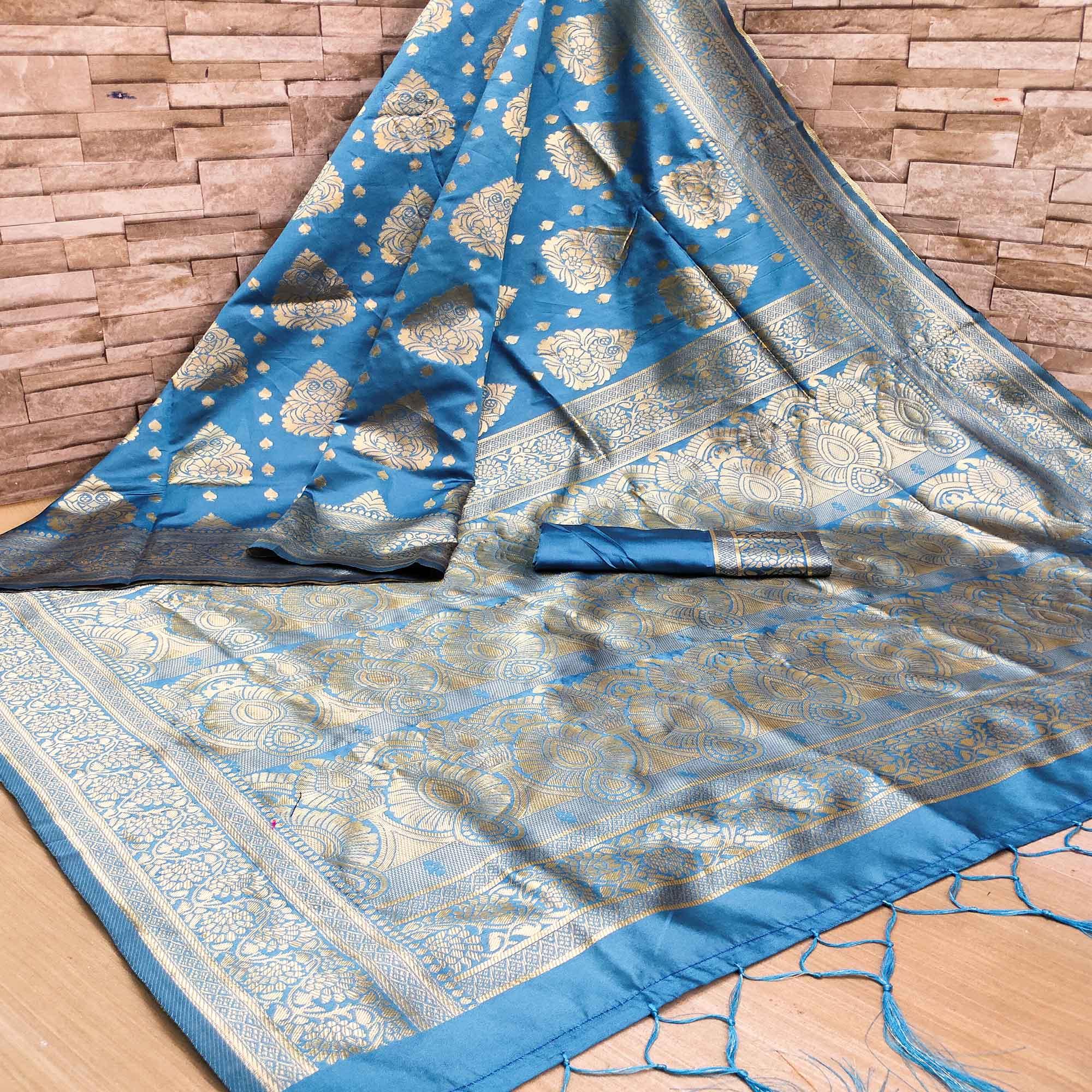 Imposing Firozi Blue Colored Festive Wear Woven Banarasi Silk Saree - Peachmode