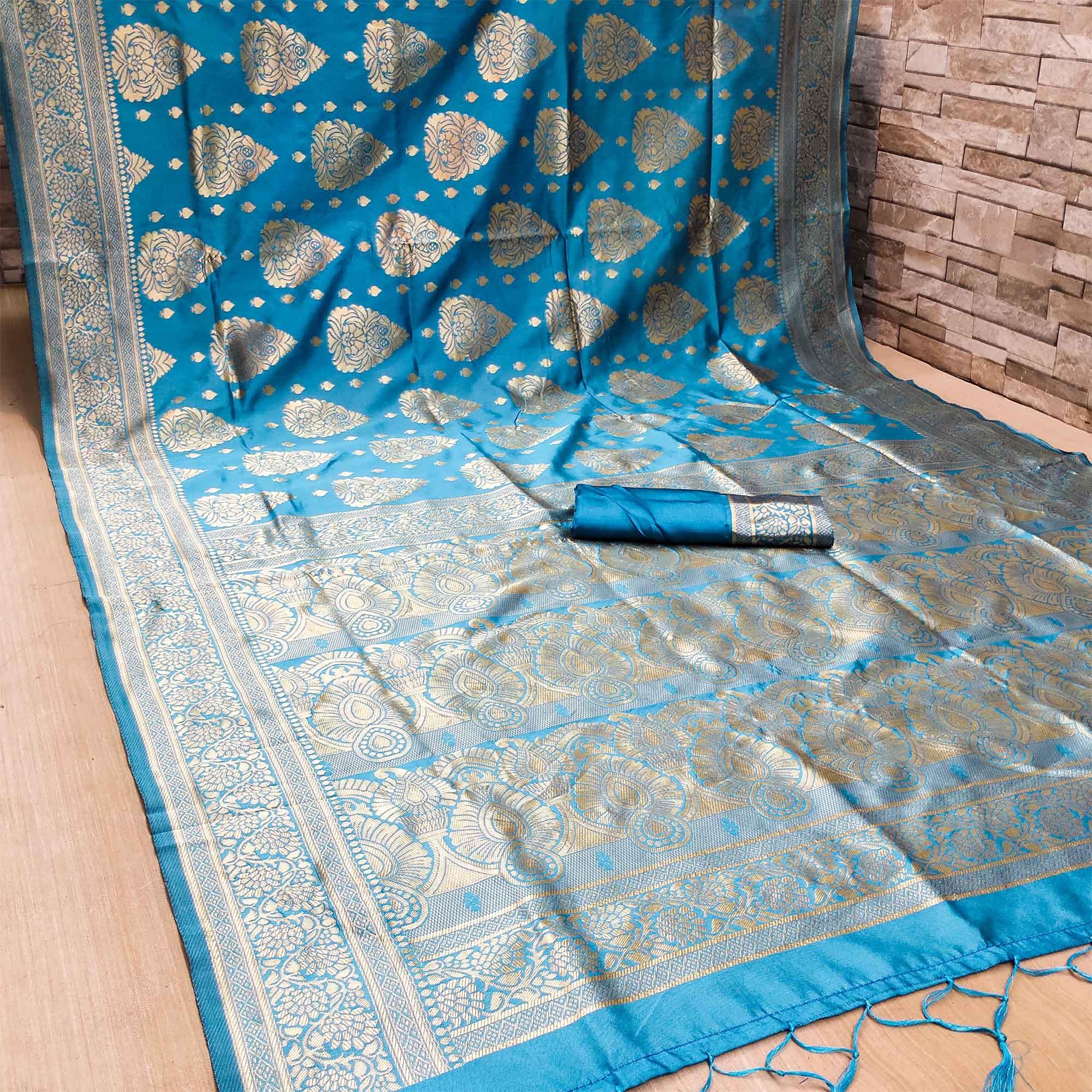Imposing Firozi Blue Colored Festive Wear Woven Banarasi Silk Saree - Peachmode