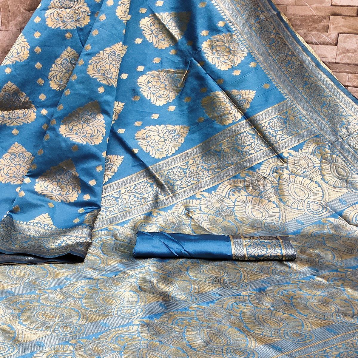 Imposing Firozi Blue Colored Festive Wear Woven Banarasi Silk Saree - Peachmode