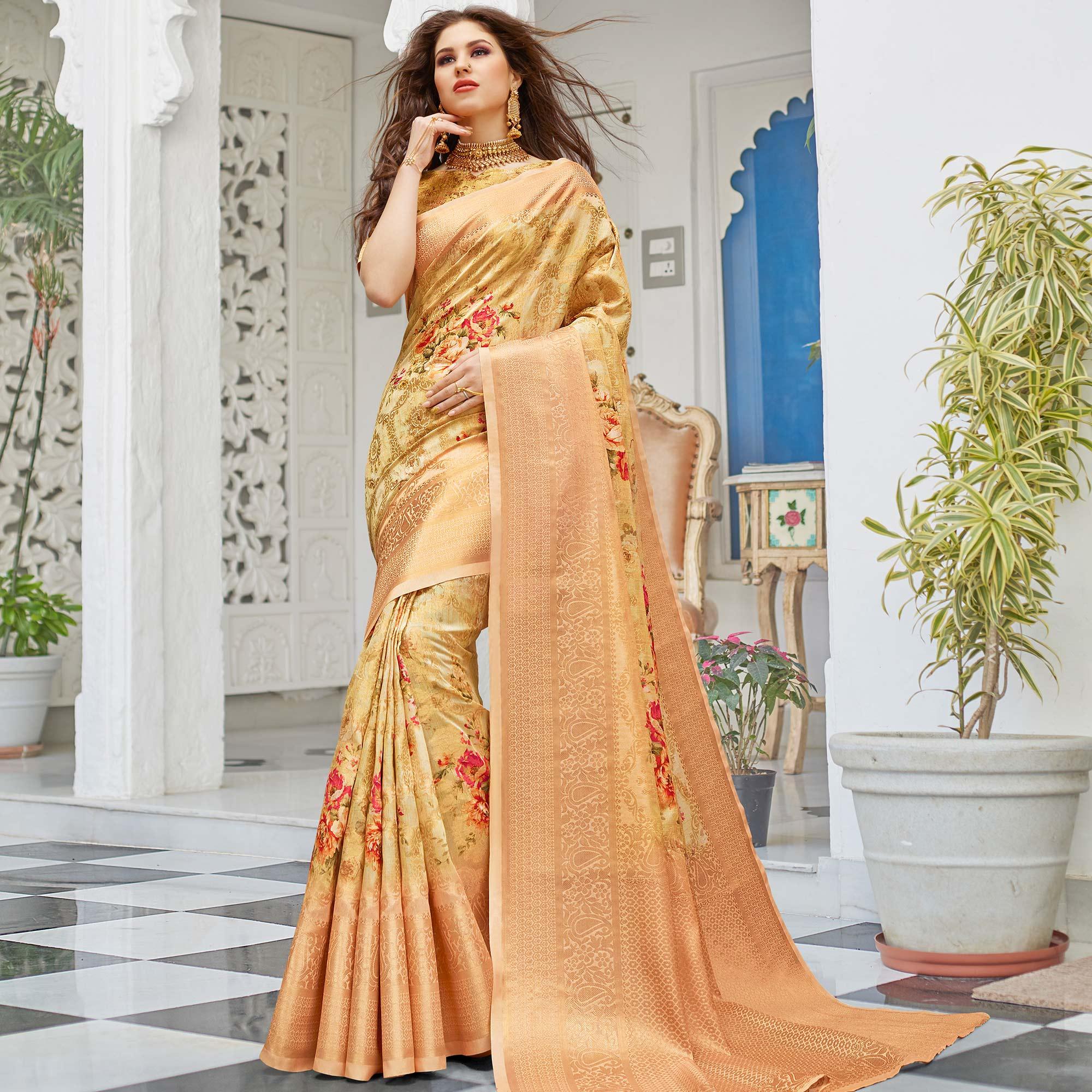 Imposing Golden Colored Partywear Digital Floral Printed Silk Saree - Peachmode