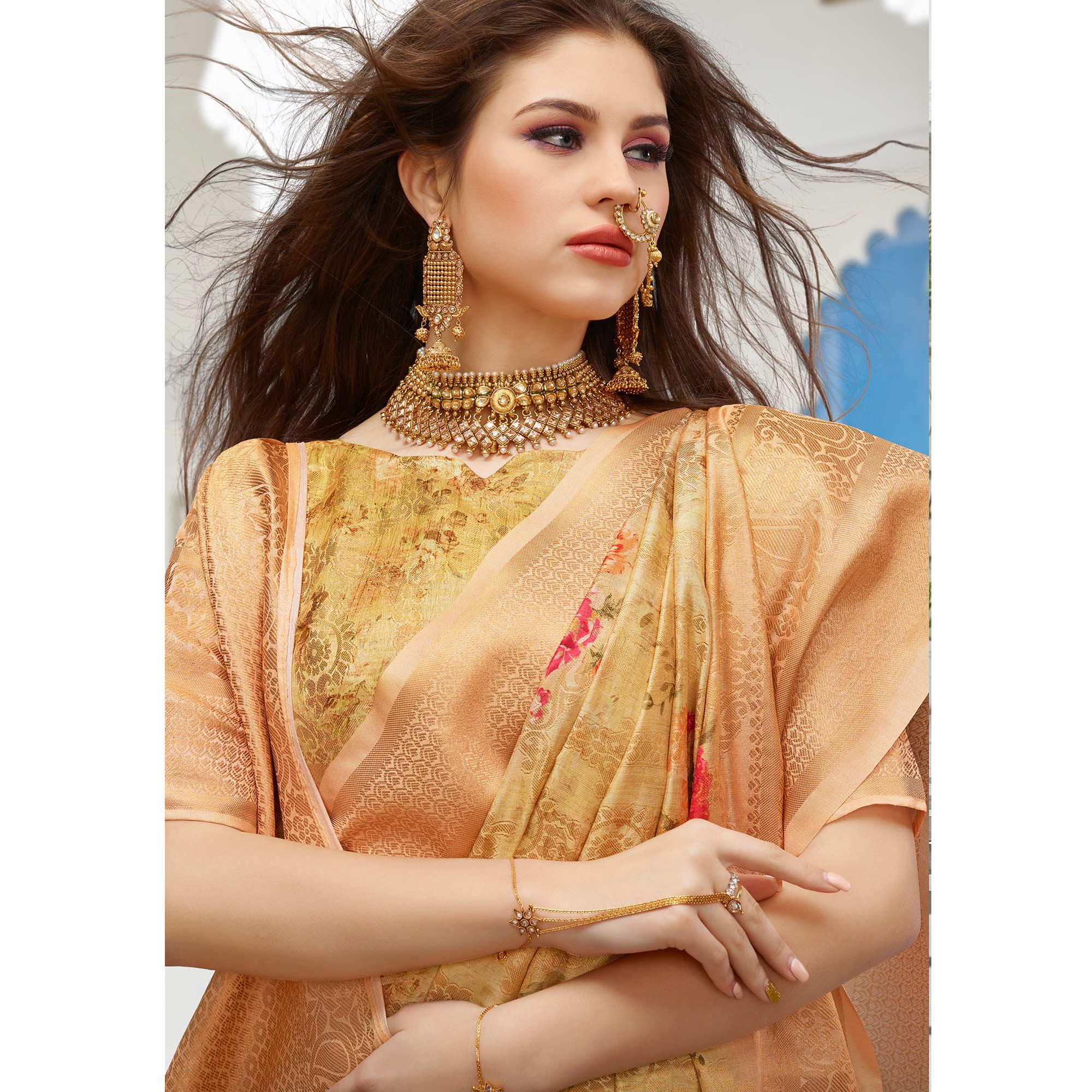 Imposing Golden Colored Partywear Digital Floral Printed Silk Saree - Peachmode