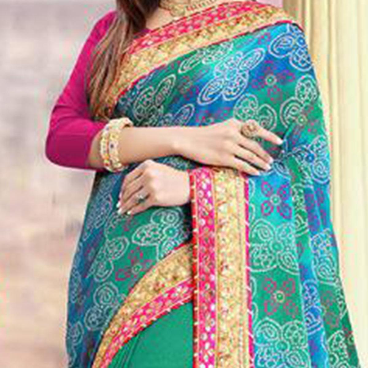 Imposing Green-Blue Colored Festive Wear Zari Work Moss Chiffon Half-Half Saree - Peachmode