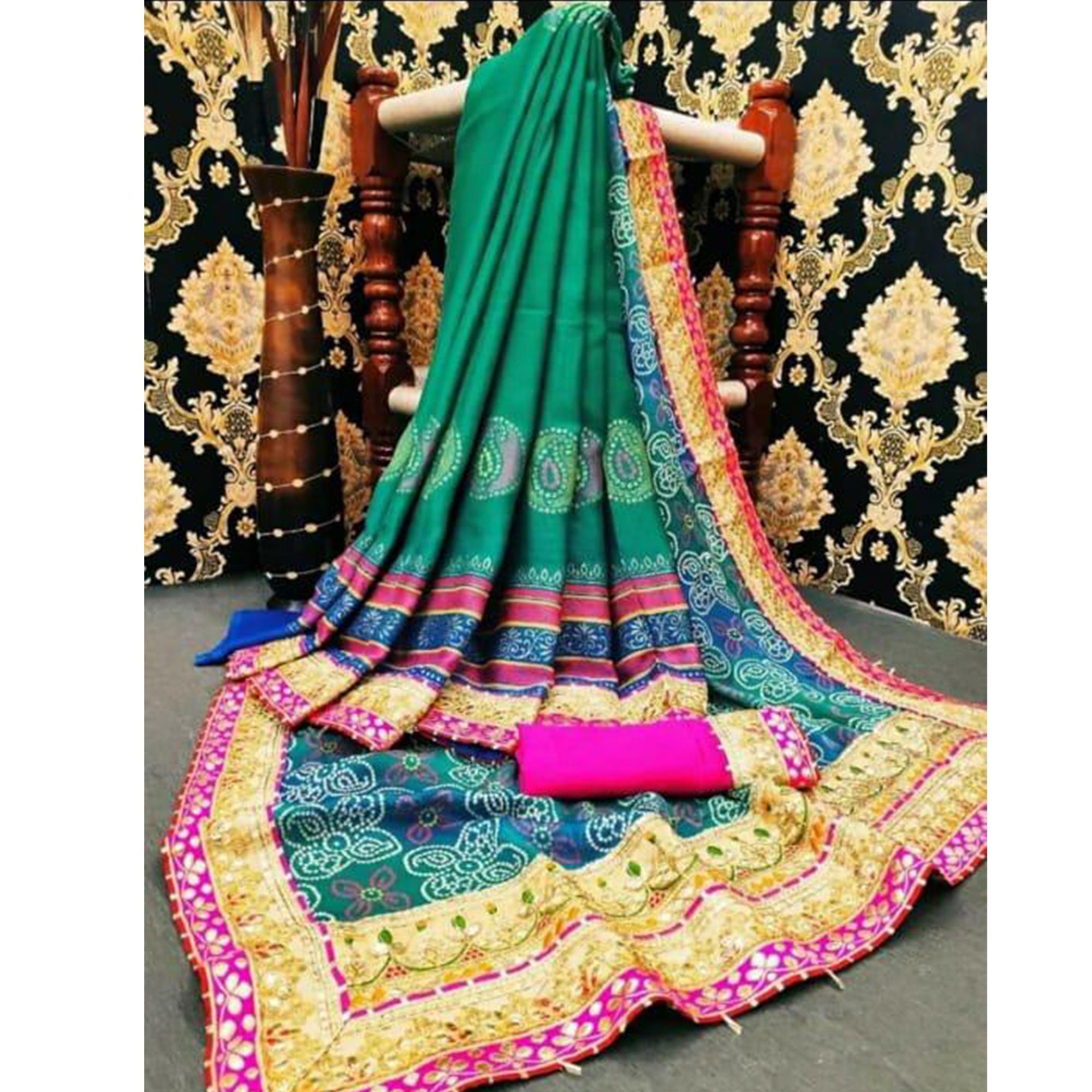 Imposing Green-Blue Colored Festive Wear Zari Work Moss Chiffon Half-Half Saree - Peachmode