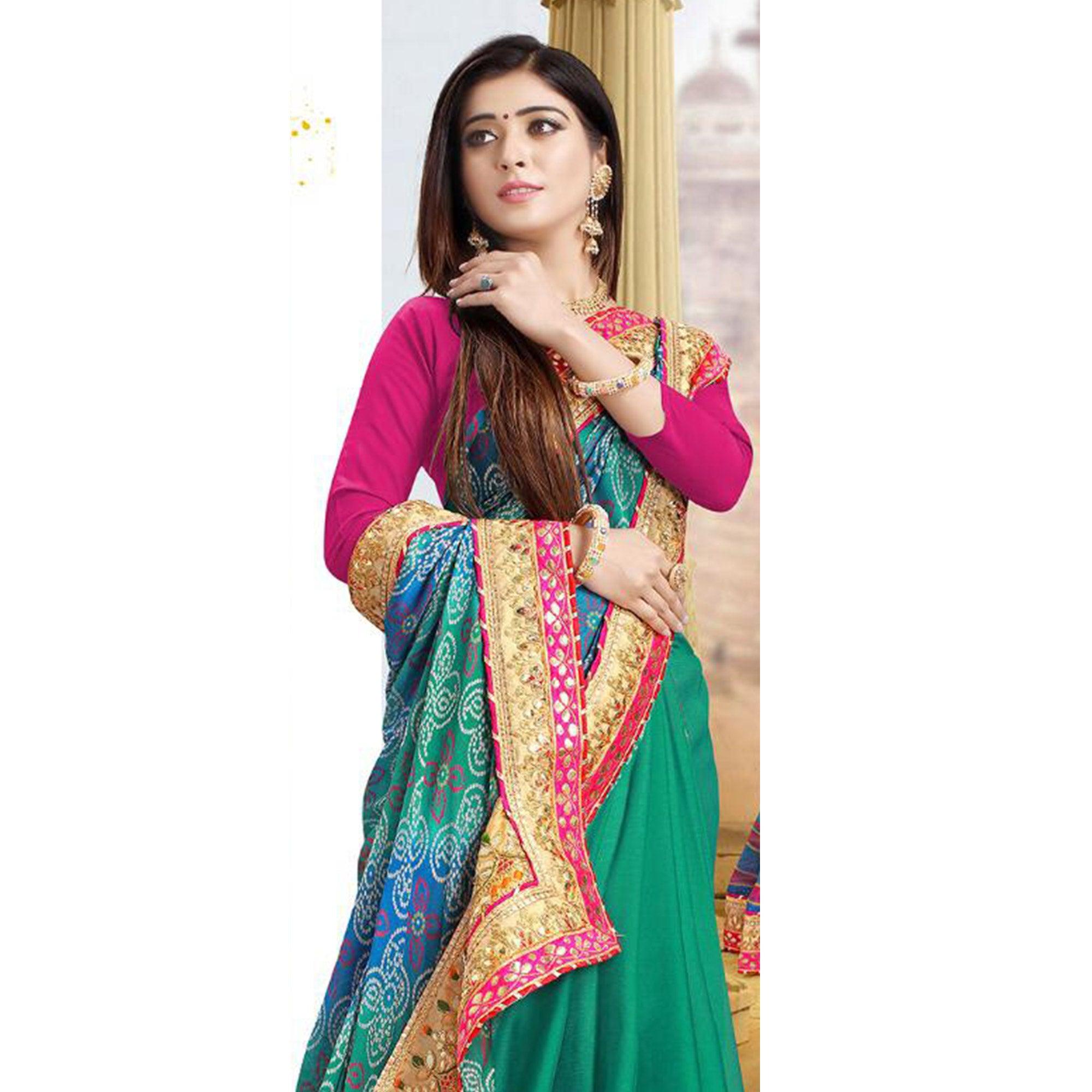 Imposing Green-Blue Colored Festive Wear Zari Work Moss Chiffon Half-Half Saree - Peachmode