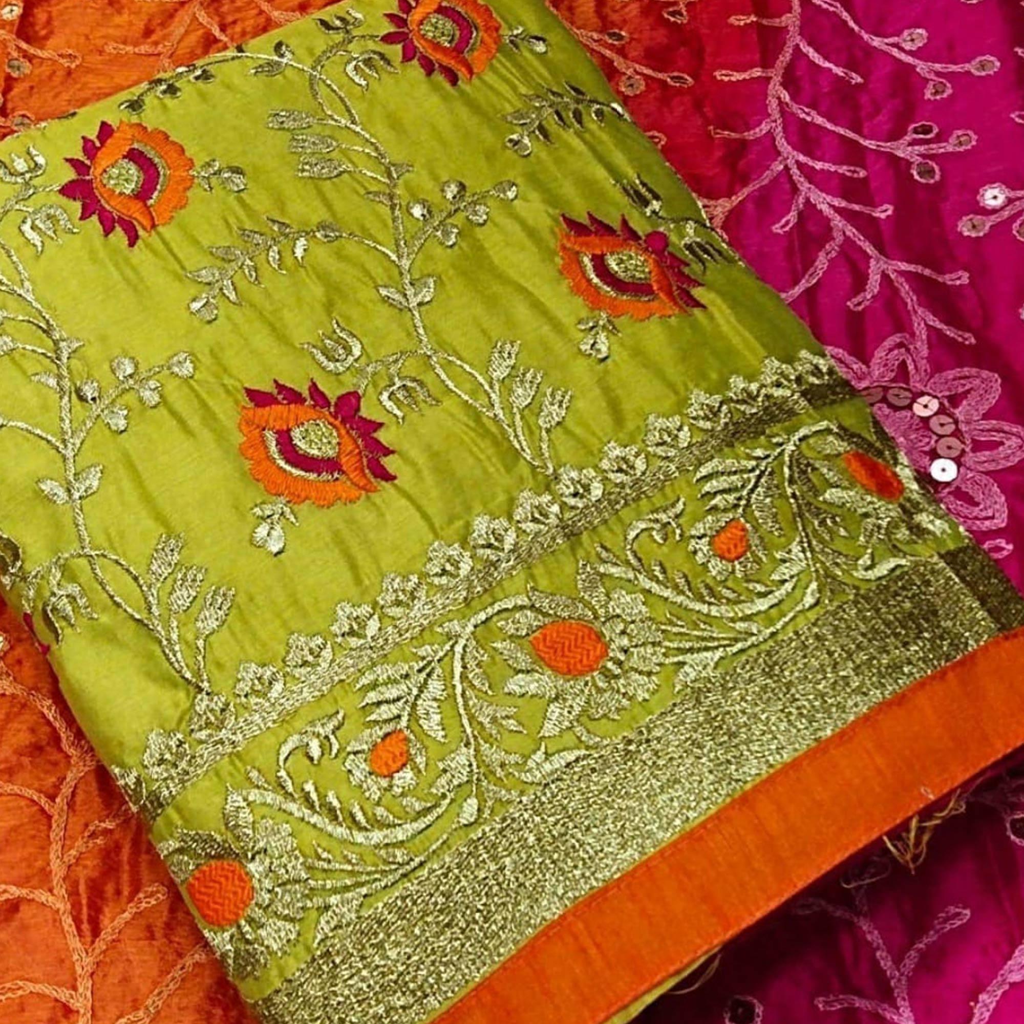 Imposing Green Colored Festive Wear Embroidered Chanderi Dress Material - Peachmode