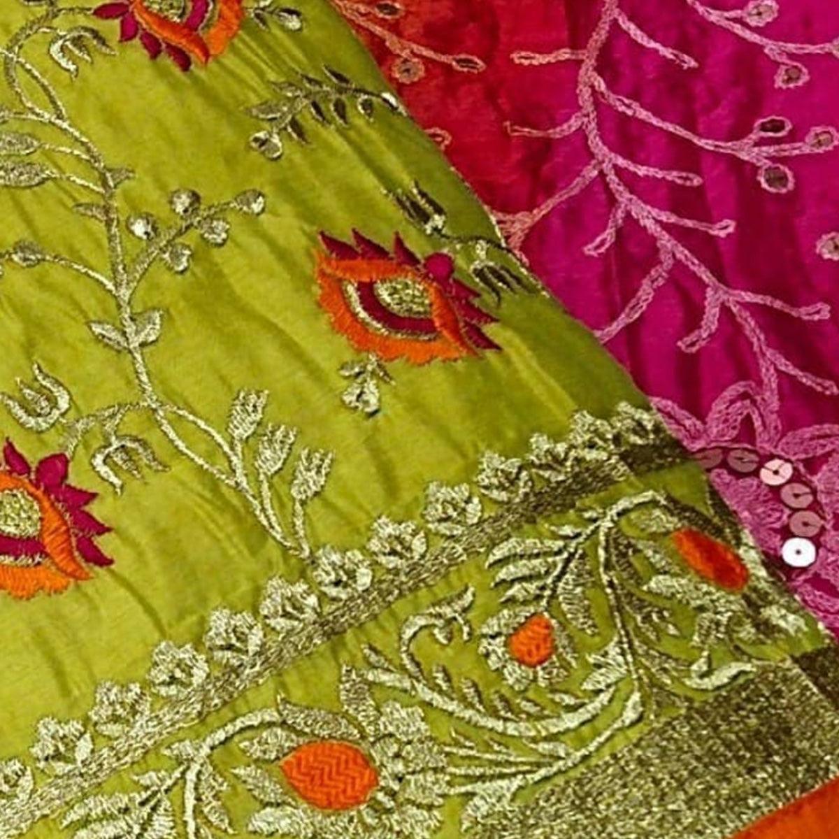 Imposing Green Colored Festive Wear Embroidered Chanderi Dress Material - Peachmode