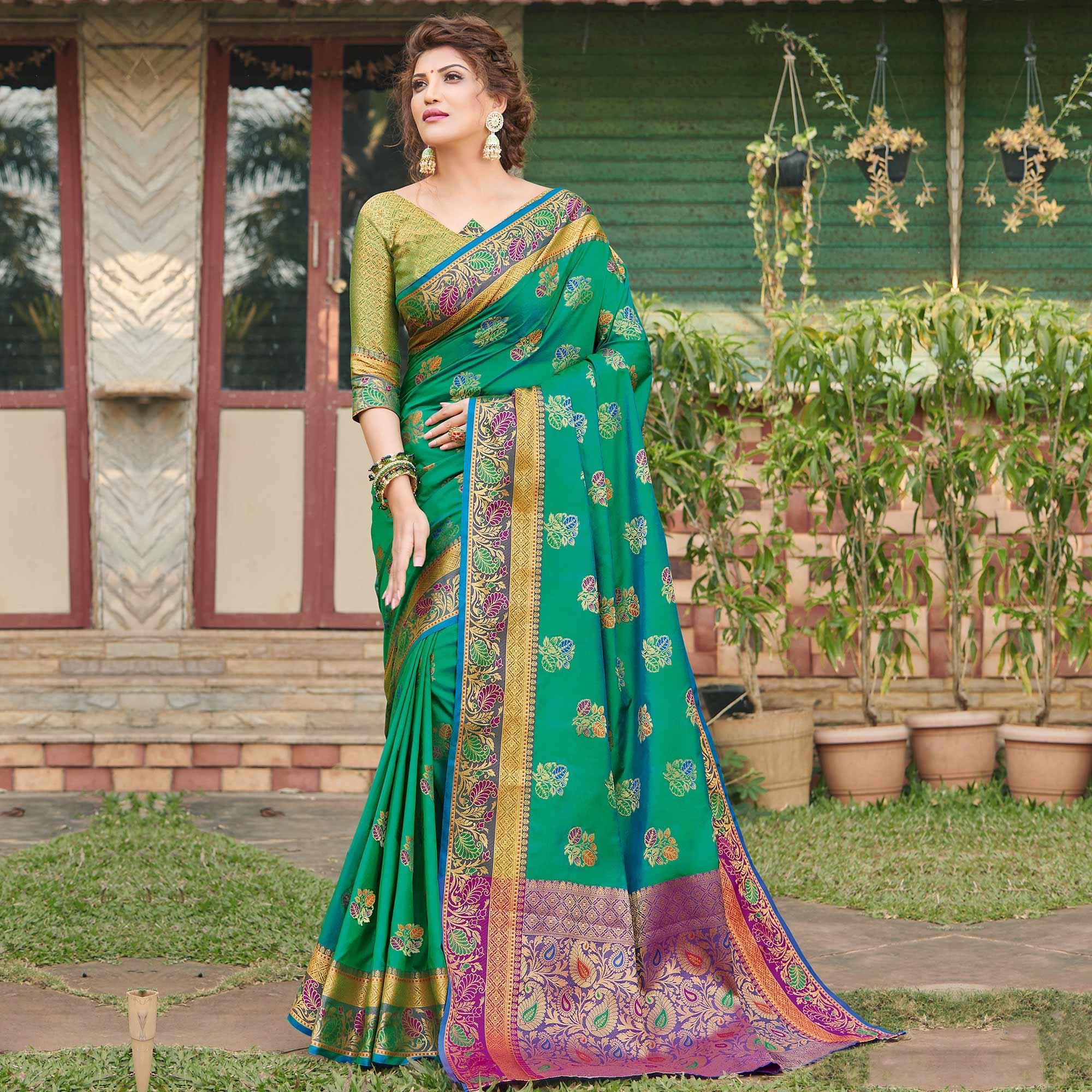 Imposing Green Colored Festive Wear Woven Banaras Silk Saree - Peachmode