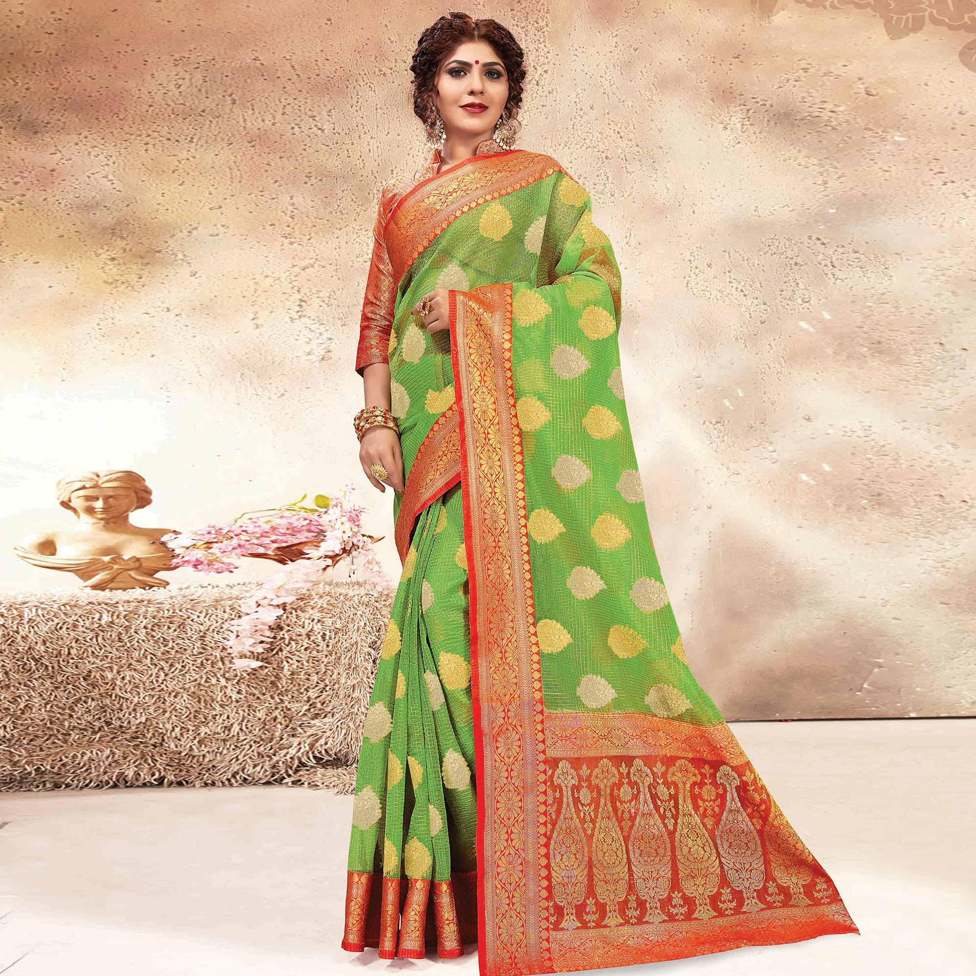 Imposing Green Colored Festive Wear Woven Banarasi Kota Silk Saree - Peachmode
