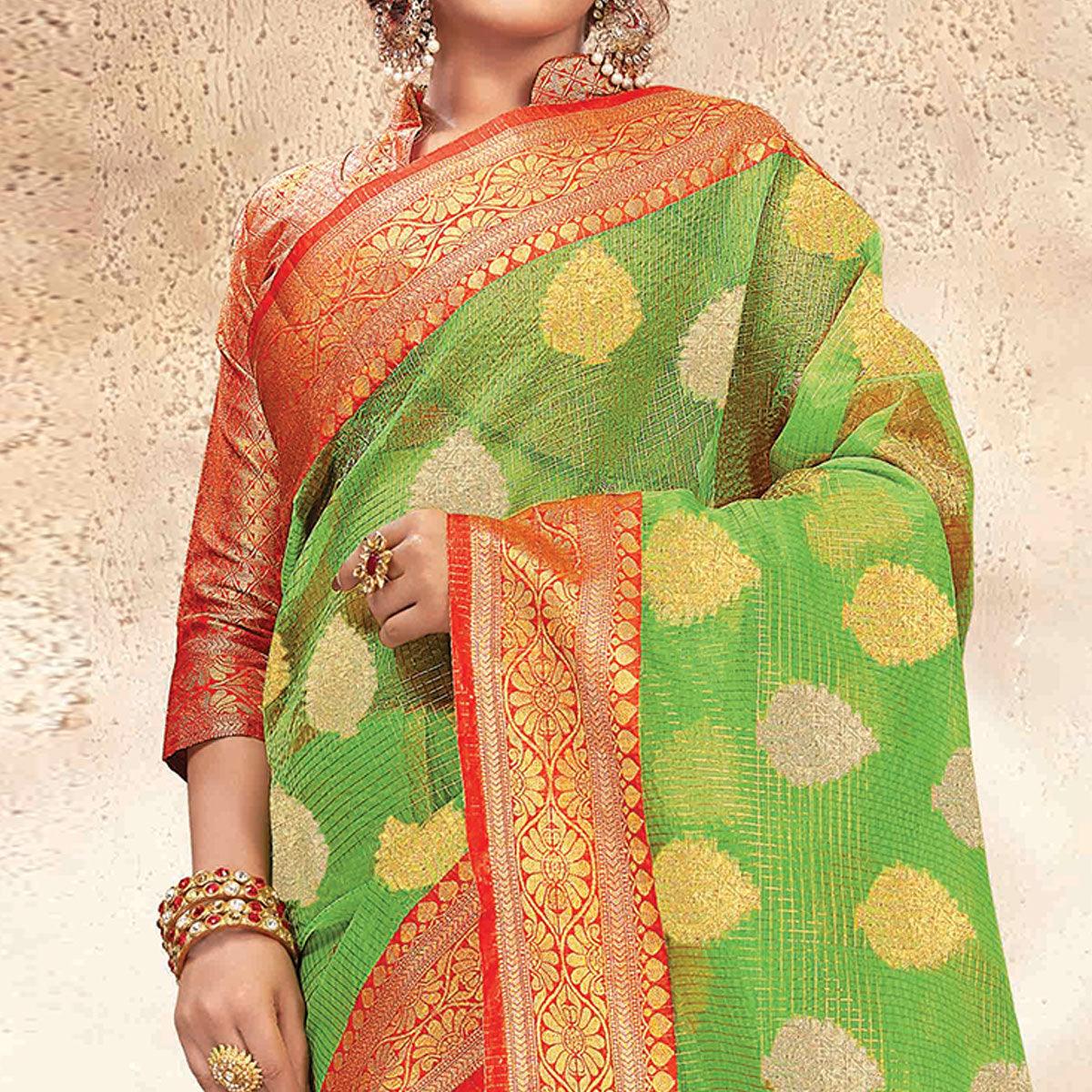 Imposing Green Colored Festive Wear Woven Banarasi Kota Silk Saree - Peachmode