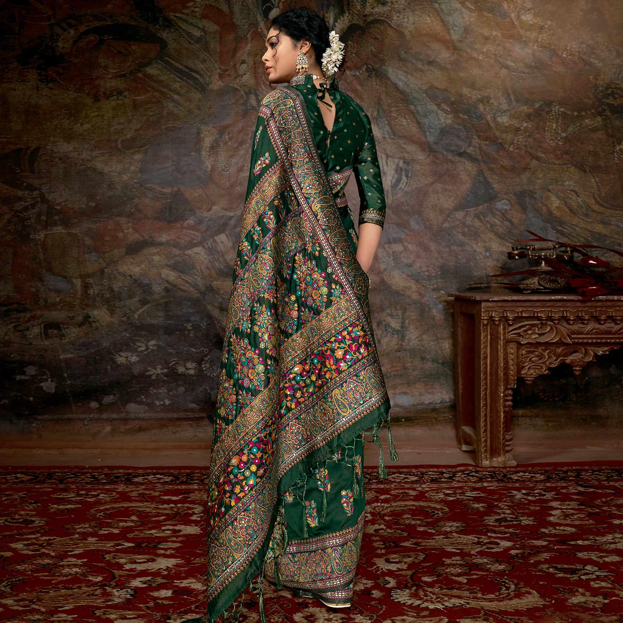 Imposing Green Colored Festive Wear Woven Banarasi Silk Saree - Peachmode