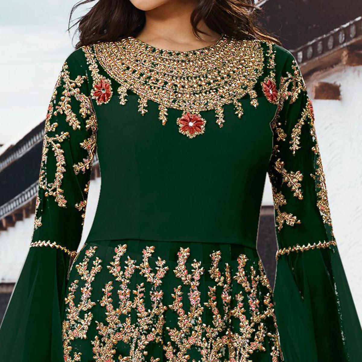 Imposing Green Colored Partywear Embroidered Netted Anarkali Suit - Peachmode