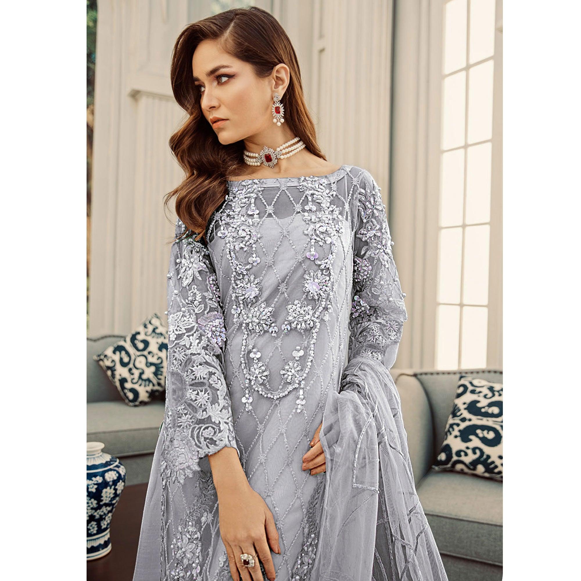Imposing Grey Cololred Partywear Embroidered Net Palazzo Suit - Peachmode
