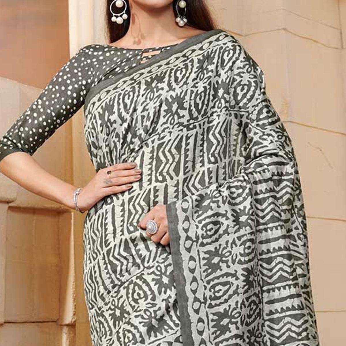 Imposing Grey Colored Casual Wear Printed Bhagalpuri Silk Saree - Peachmode