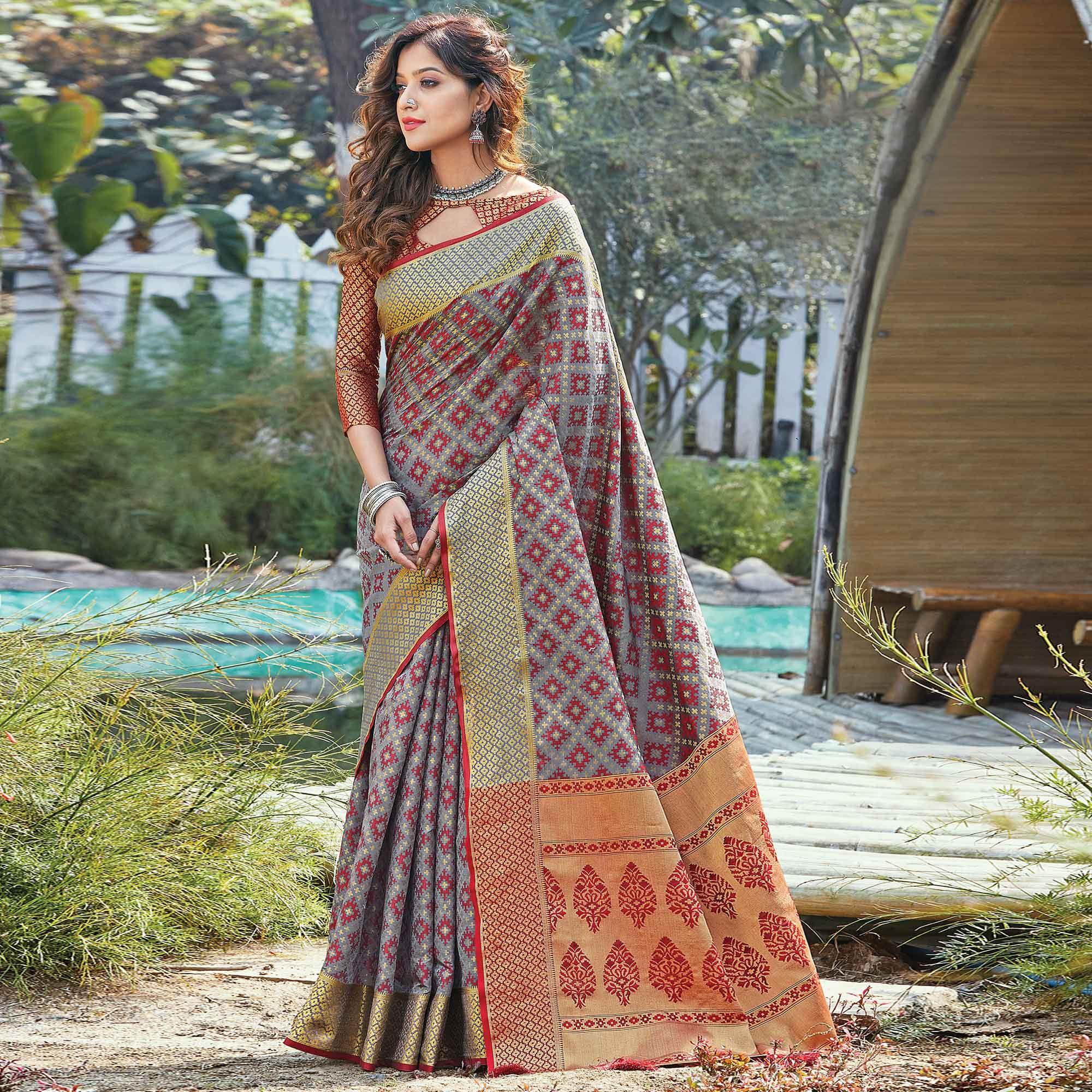 Imposing Grey Colored Festive Wear Patan Patola Silk Saree - Peachmode