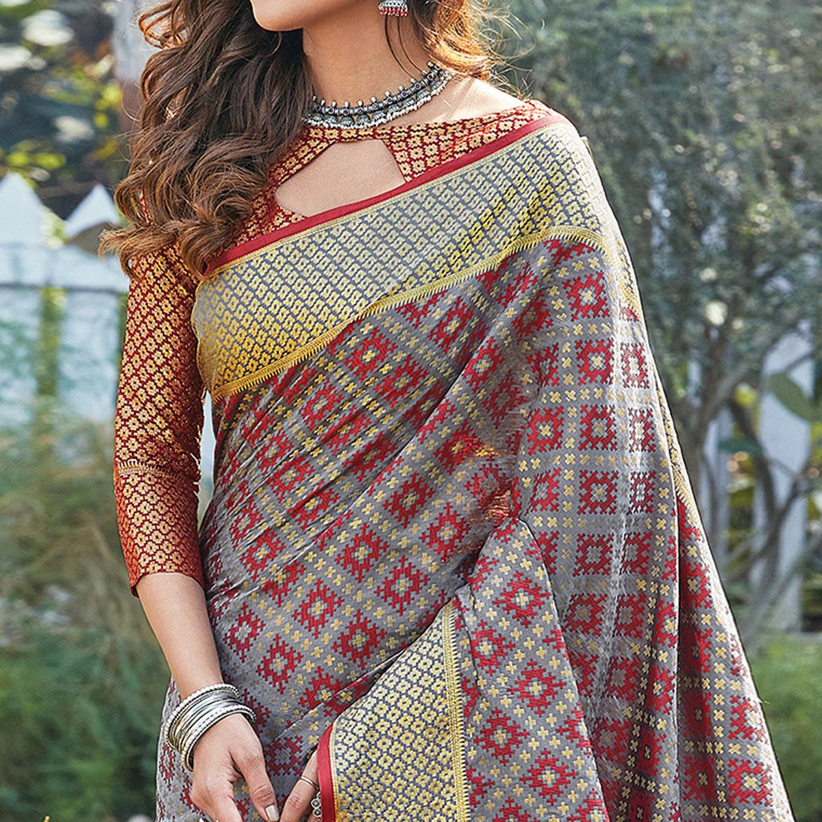 Imposing Grey Colored Festive Wear Patan Patola Silk Saree - Peachmode