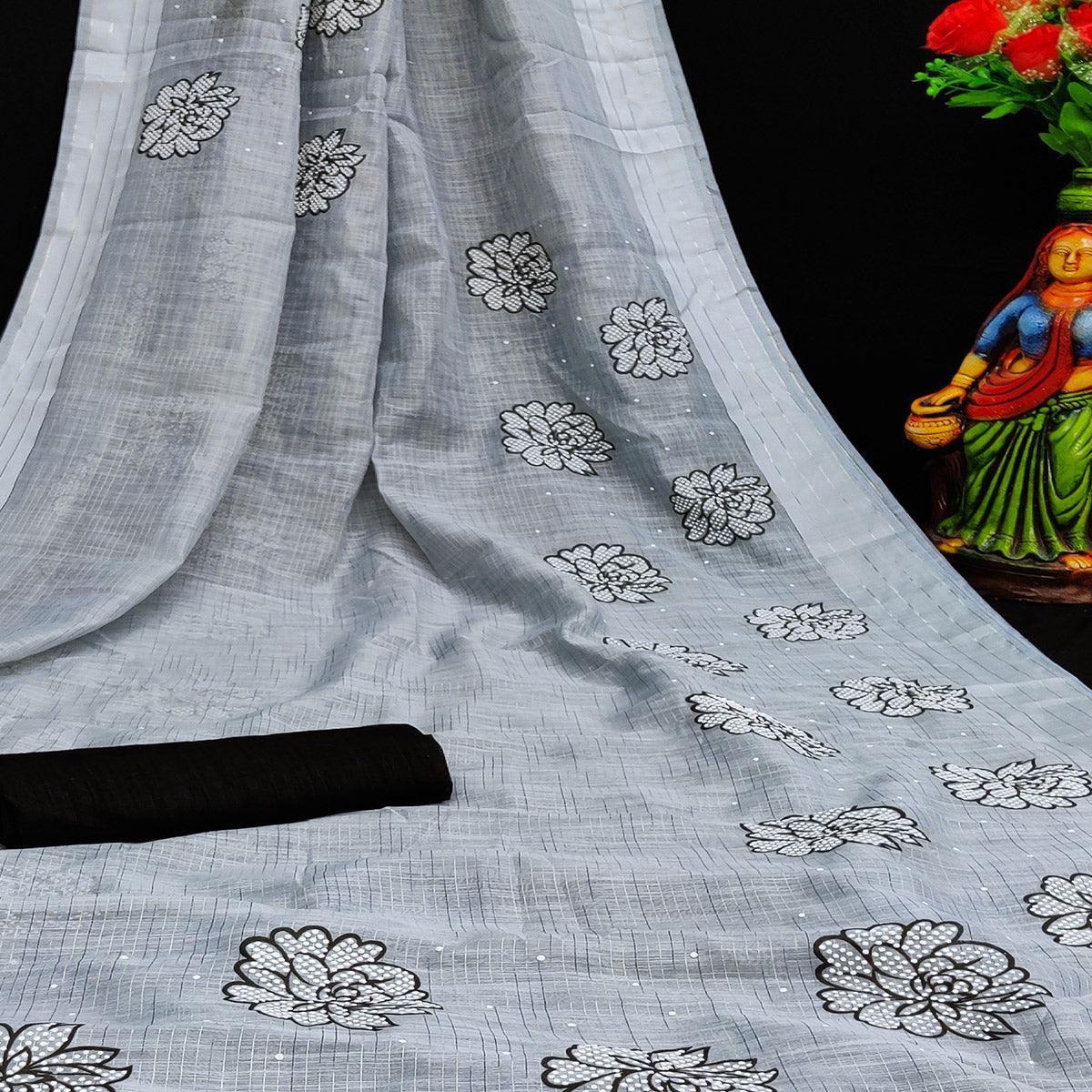 Imposing Grey Coloured Striped Pattern Printed Casual Wear Cotton Saree - Peachmode