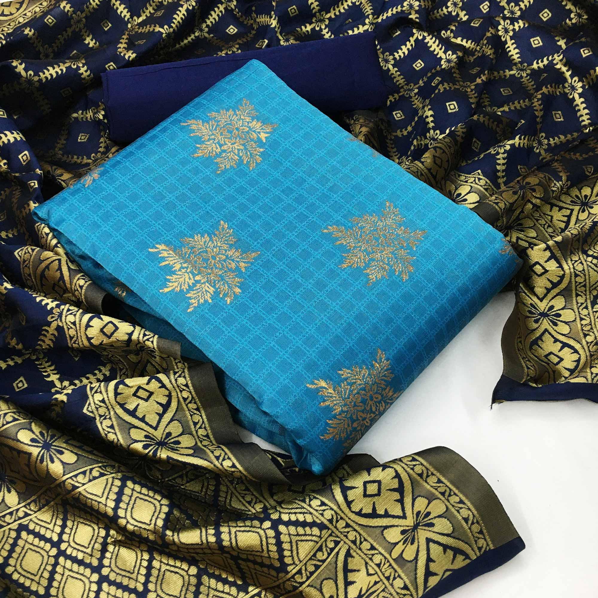 Imposing Light Blue Colored Casual Woven Banarasi Silk Dress Material - Peachmode