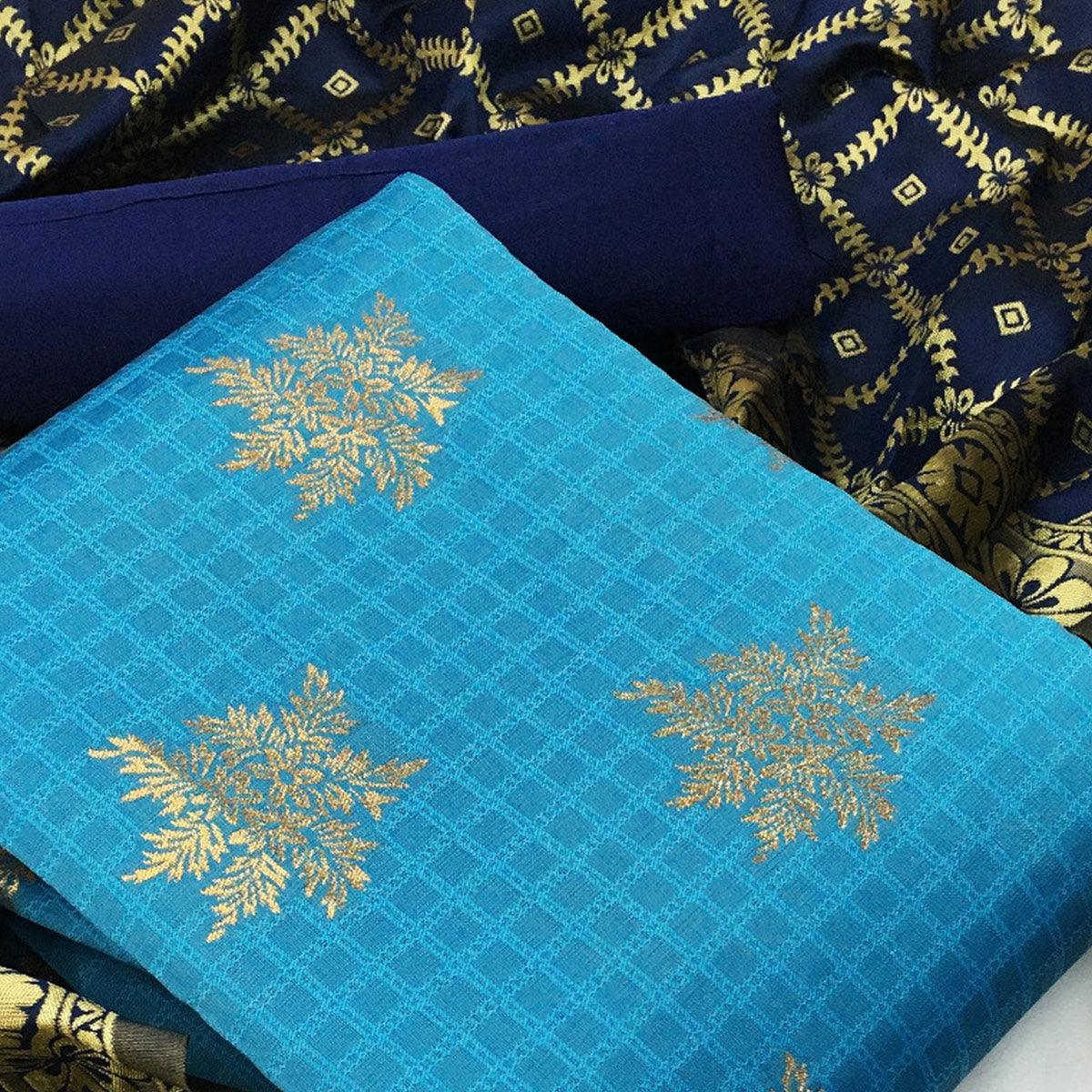 Imposing Light Blue Colored Casual Woven Banarasi Silk Dress Material - Peachmode