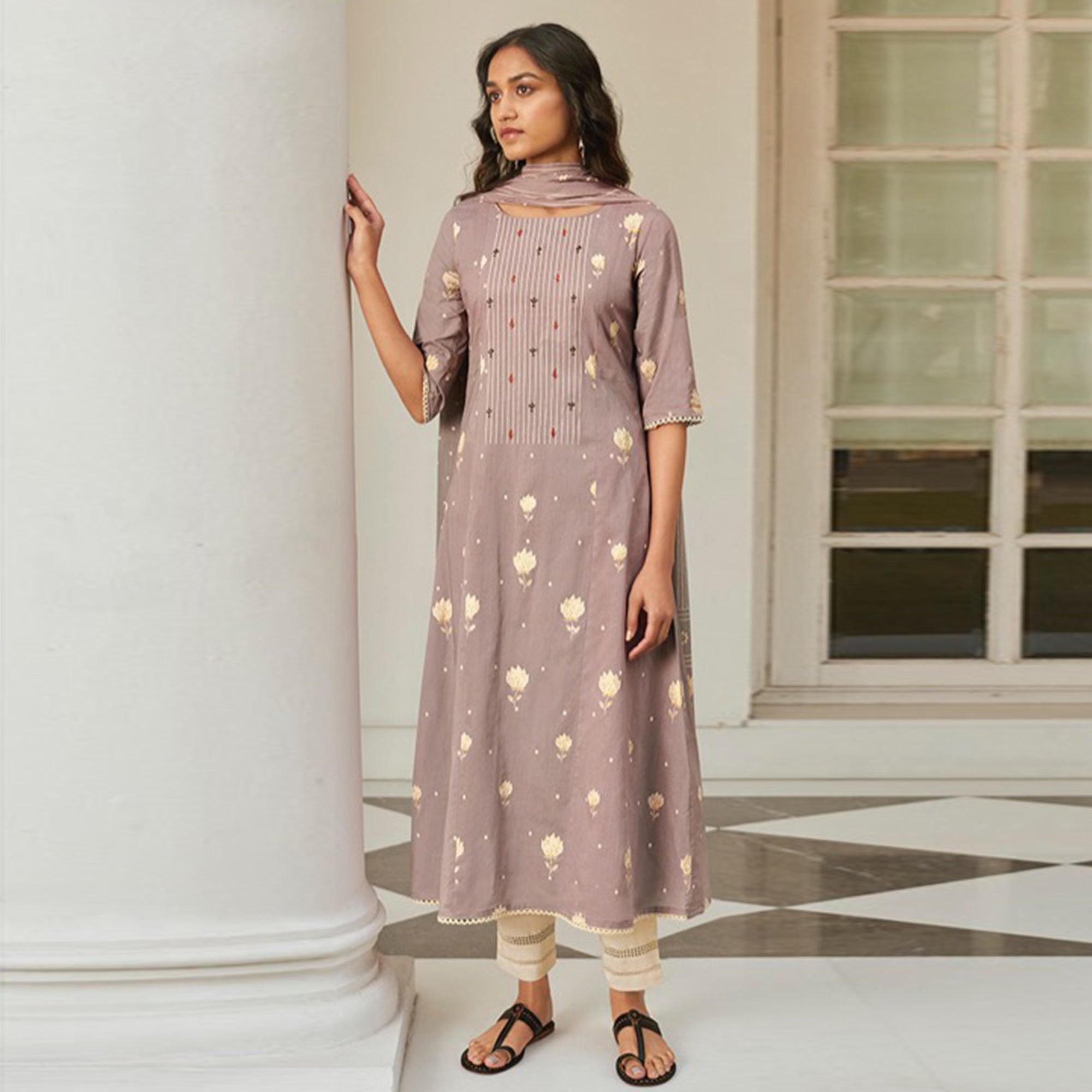 Imposing Light Brown Colored Casual Wear Printed Pure Cotton Suit - Peachmode
