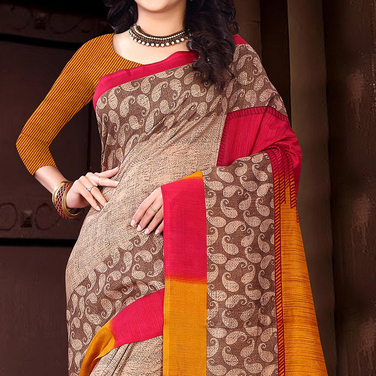 Imposing Light Brown Colored Casual Wear Printed Silk Saree - Peachmode