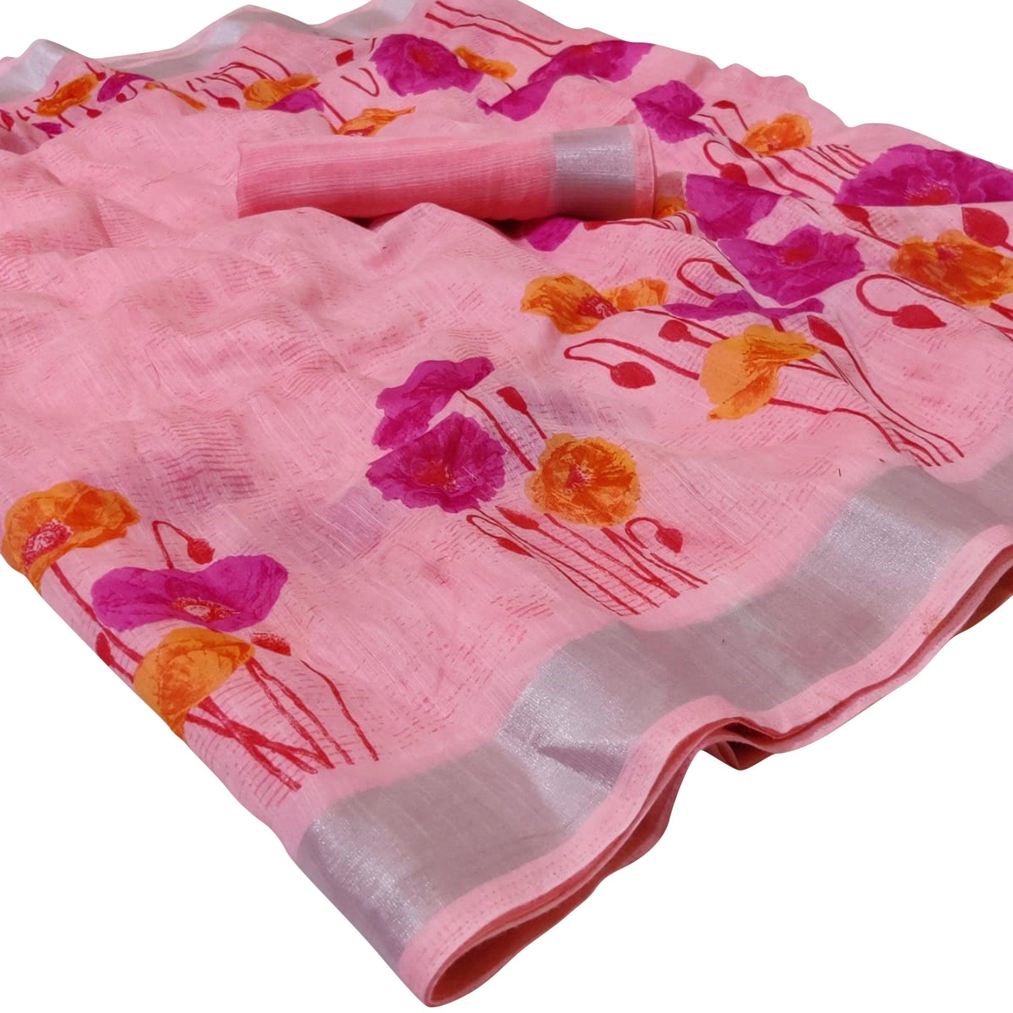 Imposing Light Pink Colored Casual Floral Printed Linen Saree - Peachmode