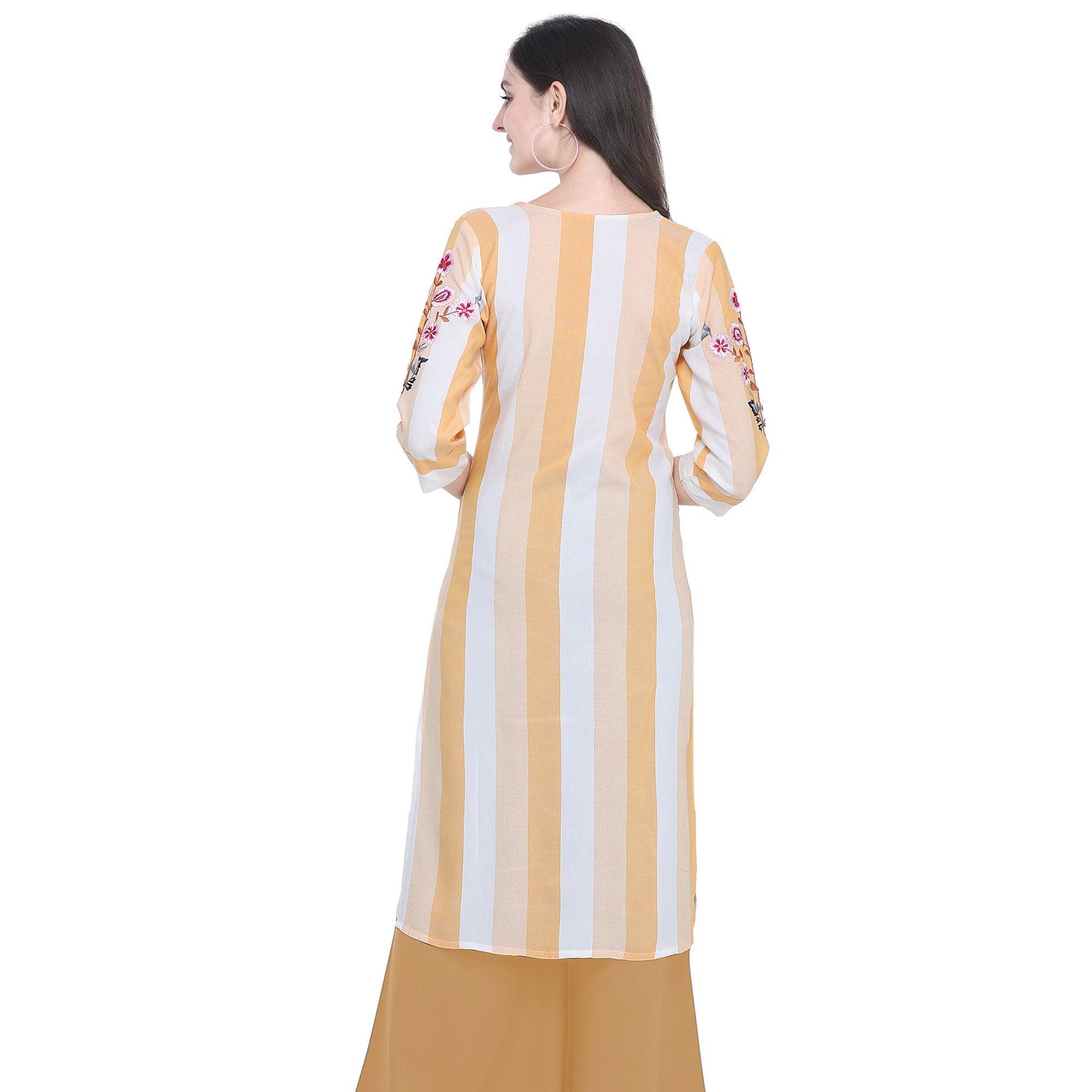 Imposing Light Yellow Colored Casual Embroidered Rayon Kurti - Peachmode