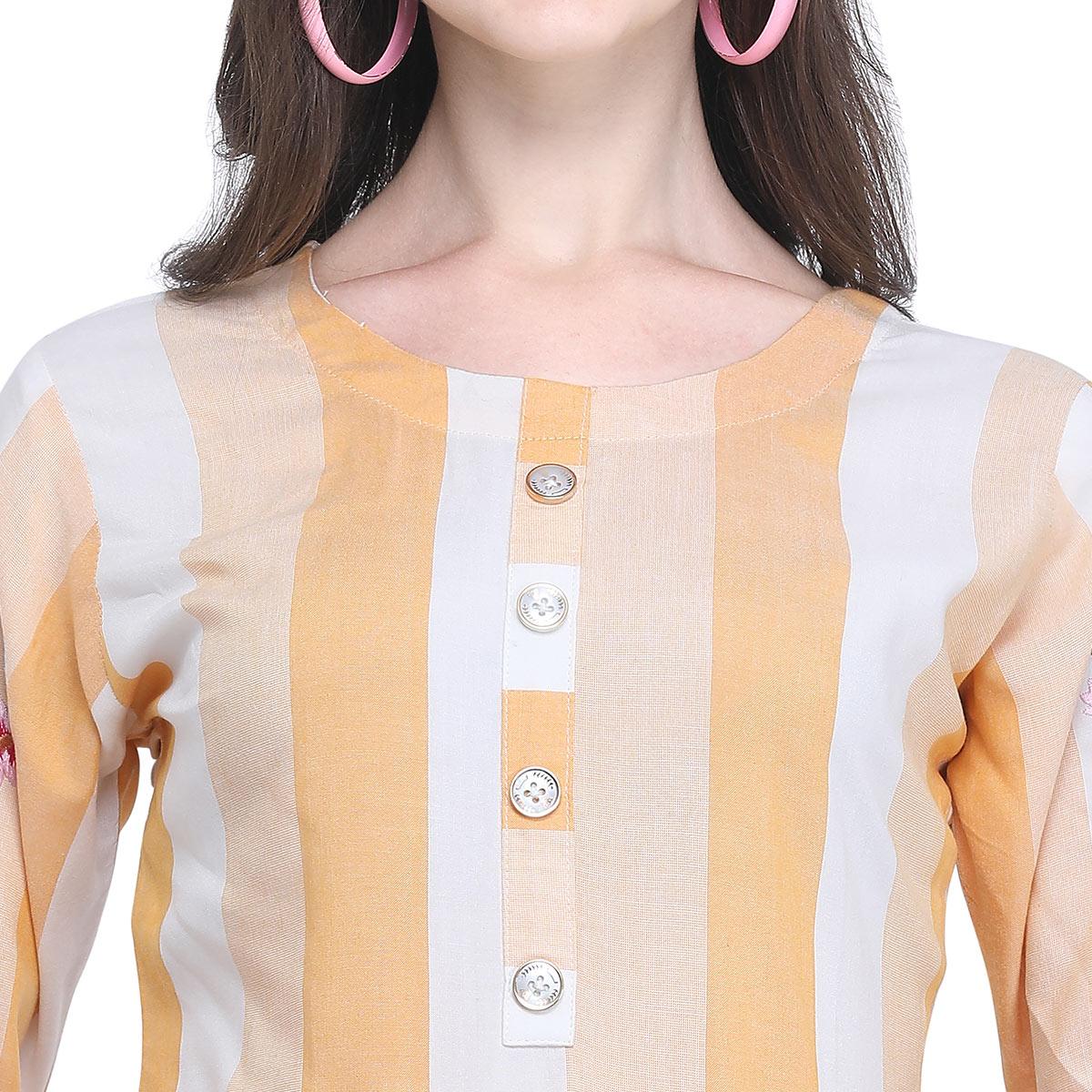 Imposing Light Yellow Colored Casual Embroidered Rayon Kurti - Peachmode