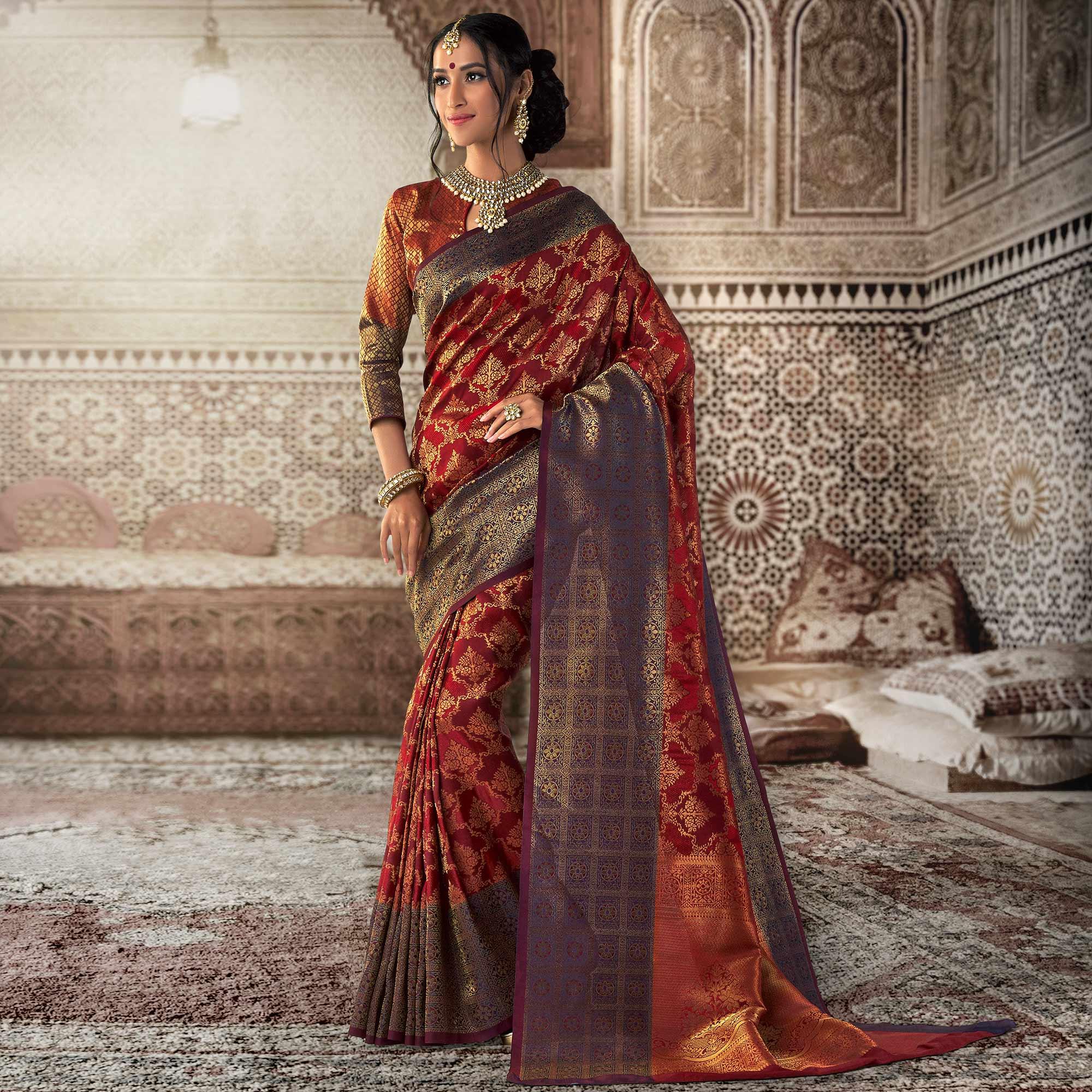 Imposing Maroon Colored Festive Wear Woven Silk Saree - Peachmode