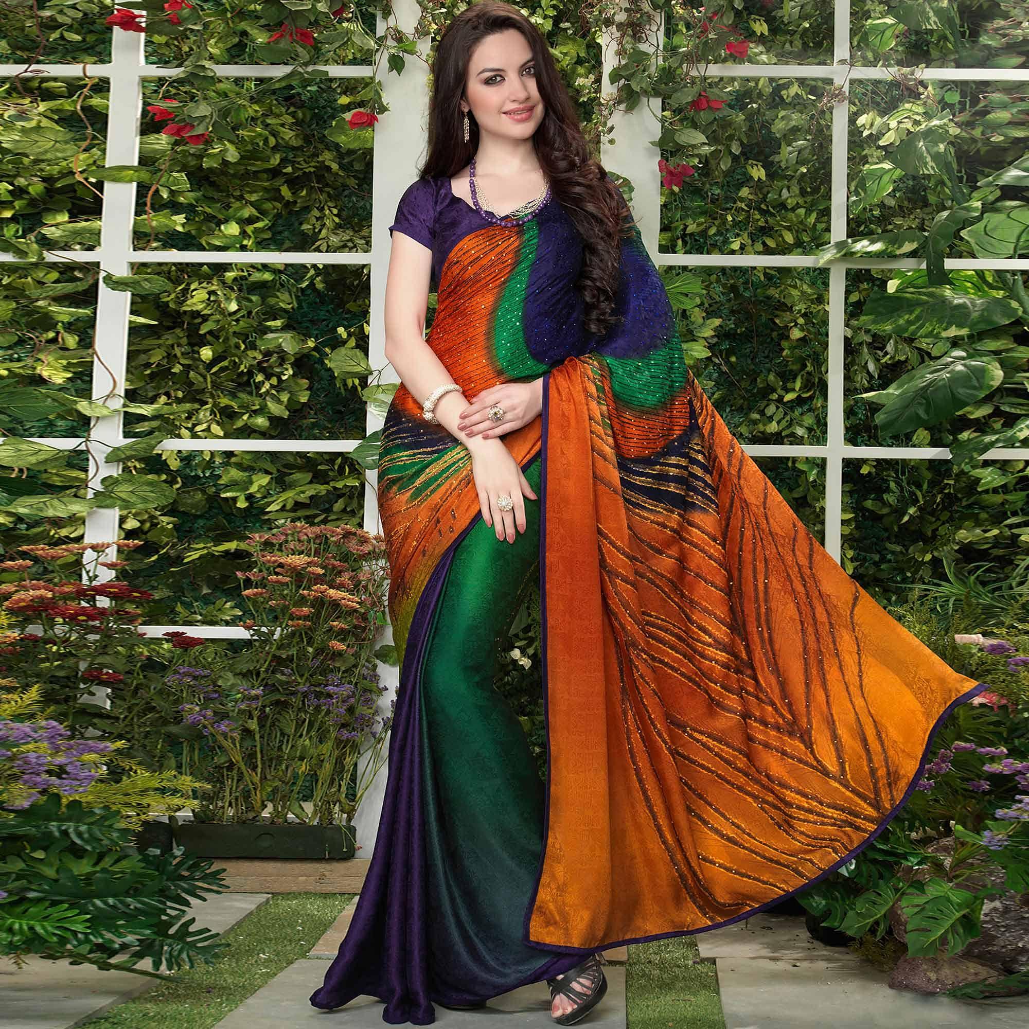 Imposing Multi Colored Party Wear Printed Silk Crepe Saree - Peachmode