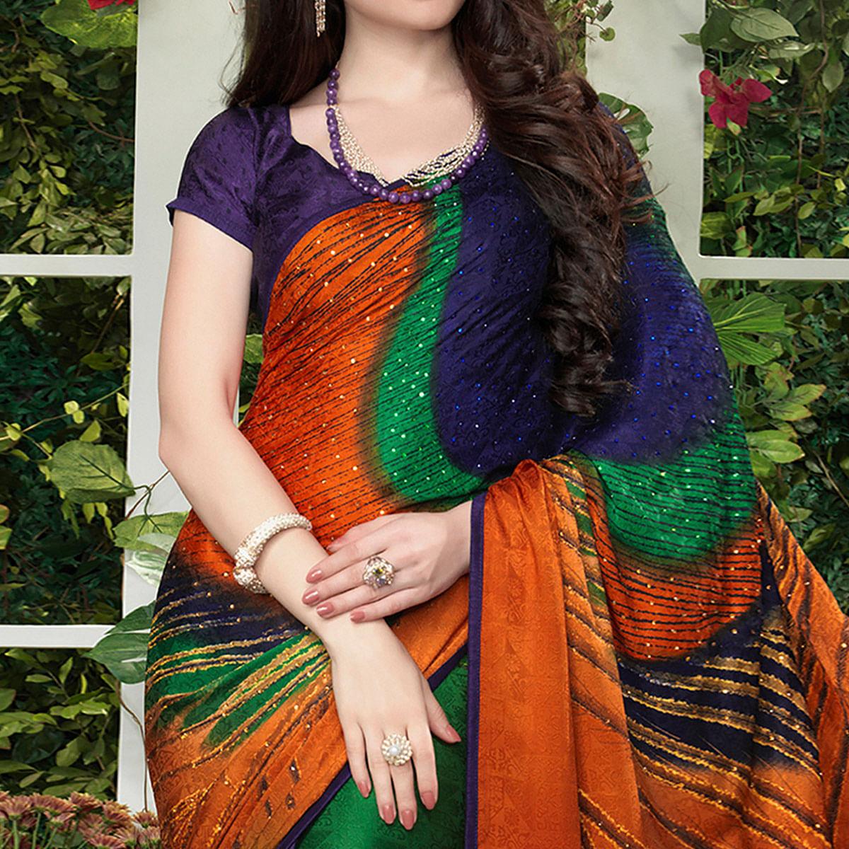 Imposing Multi Colored Party Wear Printed Silk Crepe Saree - Peachmode