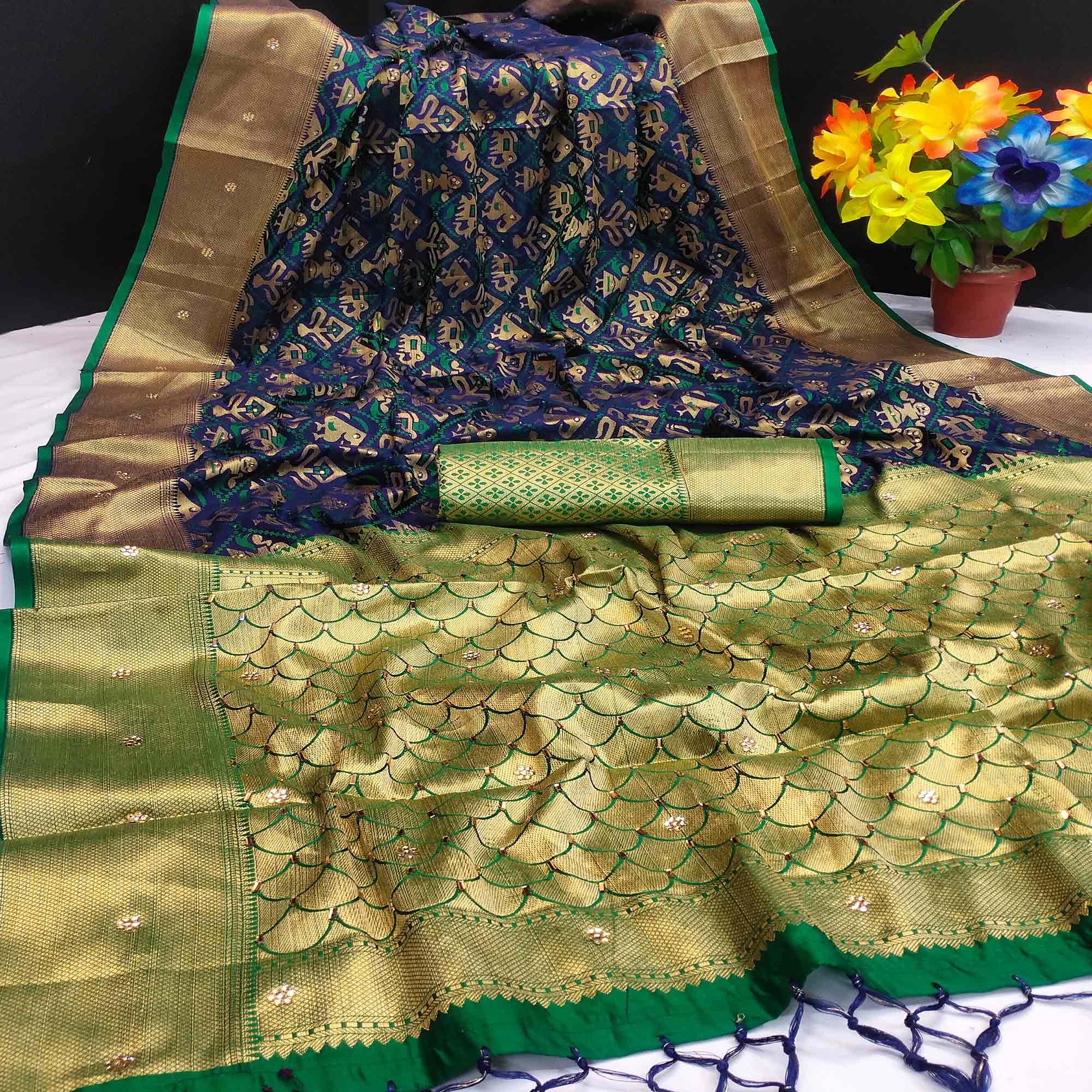Imposing Navy Blue Colored Festive Wear Woven Banarasi Silk Saree - Peachmode