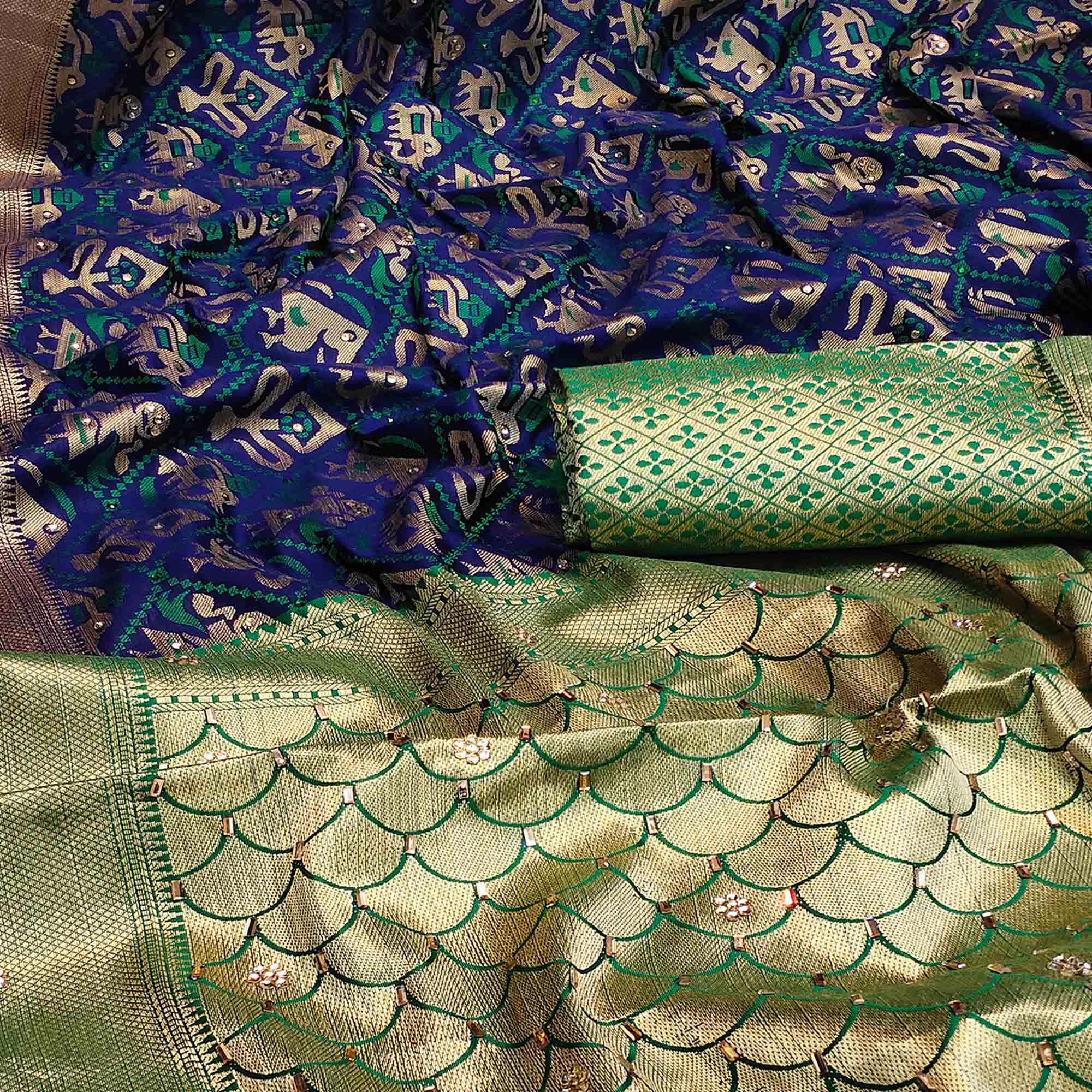 Imposing Navy Blue Colored Festive Wear Woven Banarasi Silk Saree - Peachmode