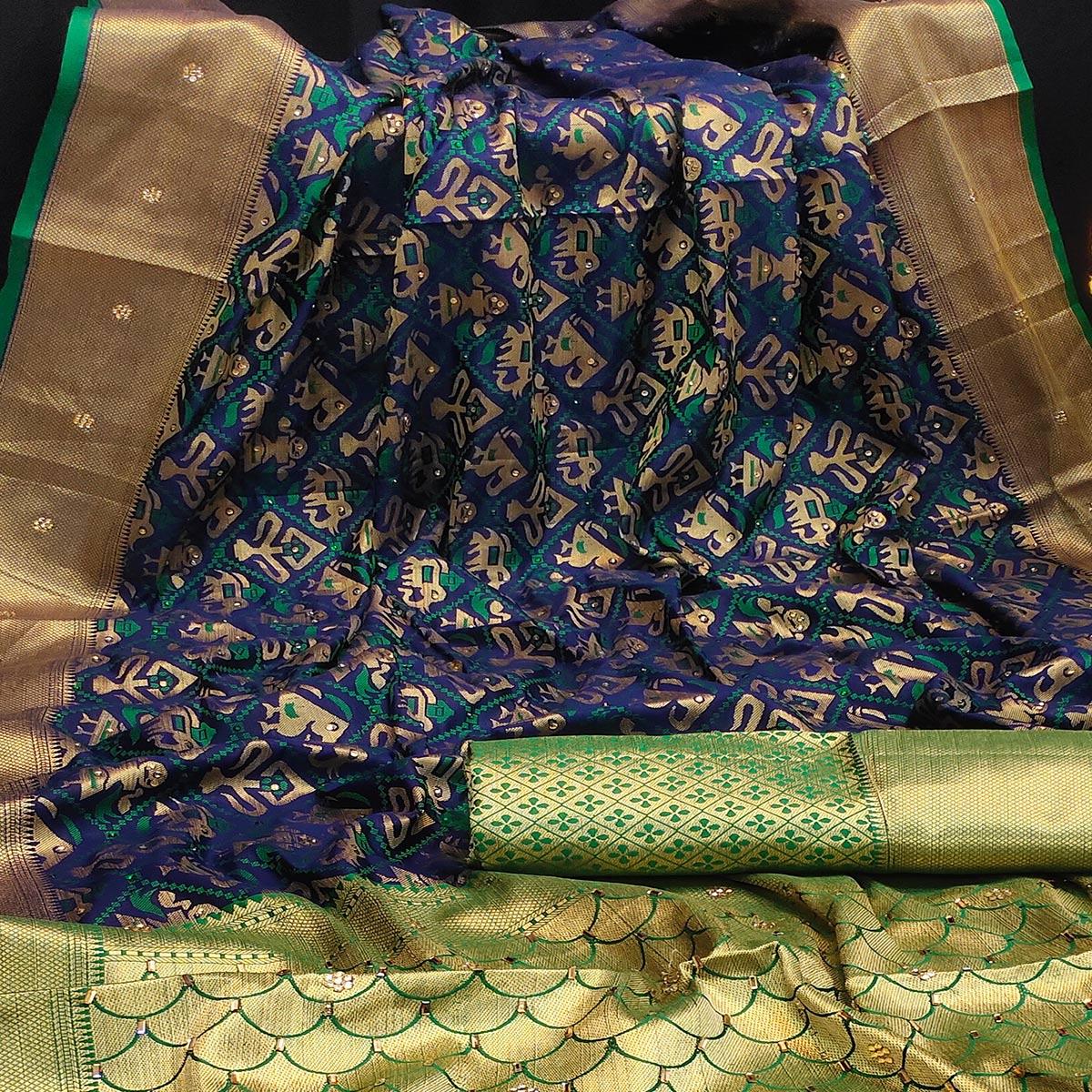 Imposing Navy Blue Colored Festive Wear Woven Banarasi Silk Saree - Peachmode