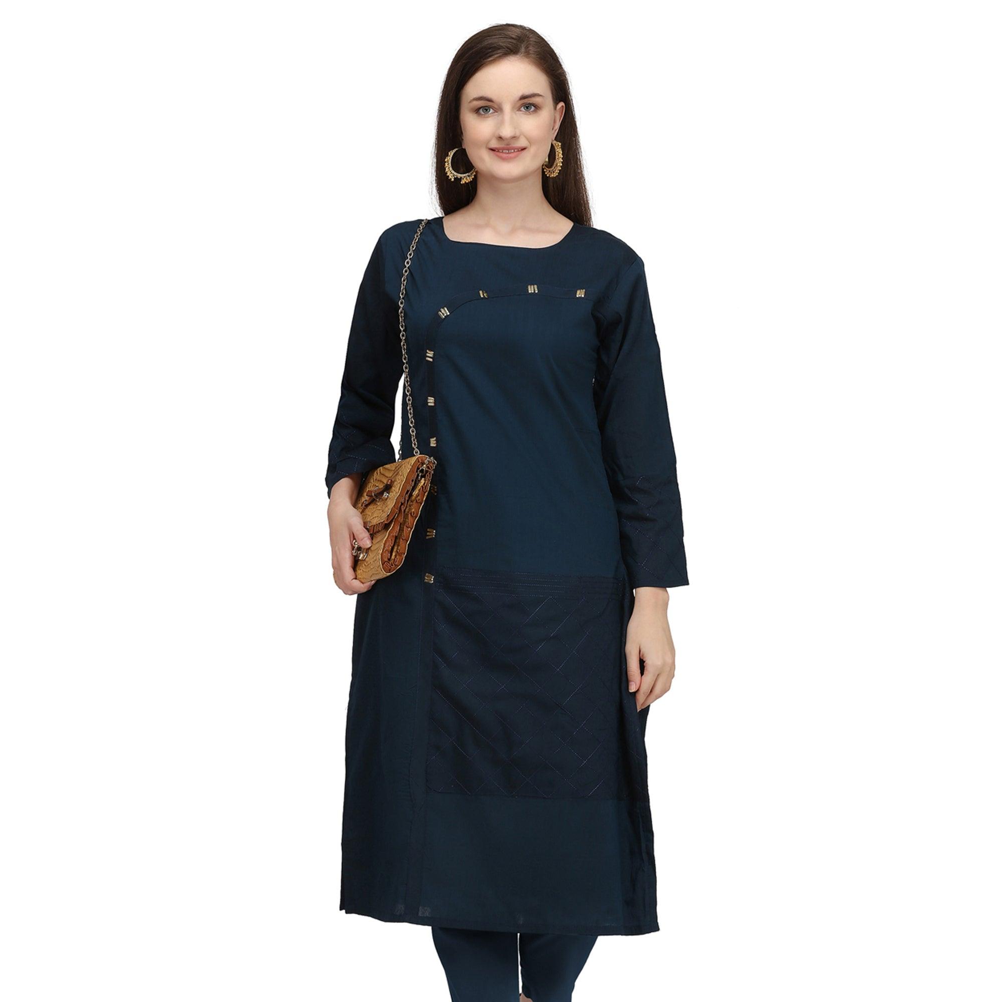 Imposing Navy Blue Colored Partywear Embroidered Viscose Kurti - Peachmode