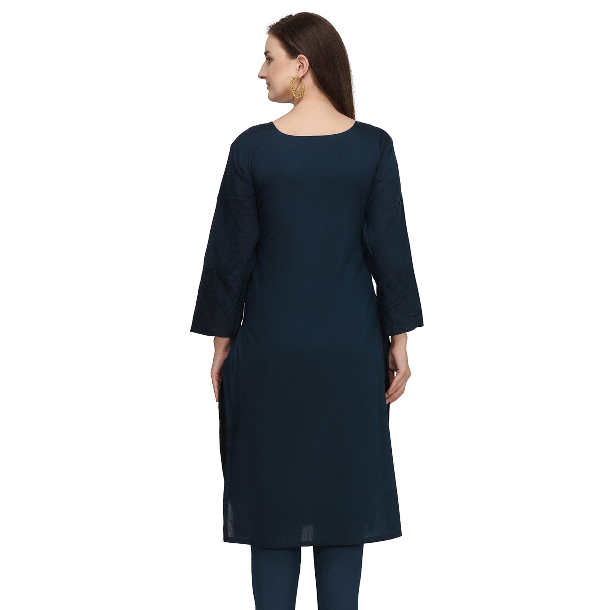 Imposing Navy Blue Colored Partywear Embroidered Viscose Kurti - Peachmode