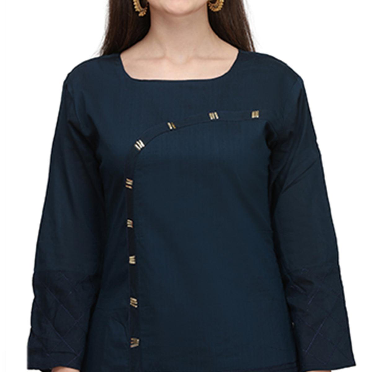 Imposing Navy Blue Colored Partywear Embroidered Viscose Kurti - Peachmode