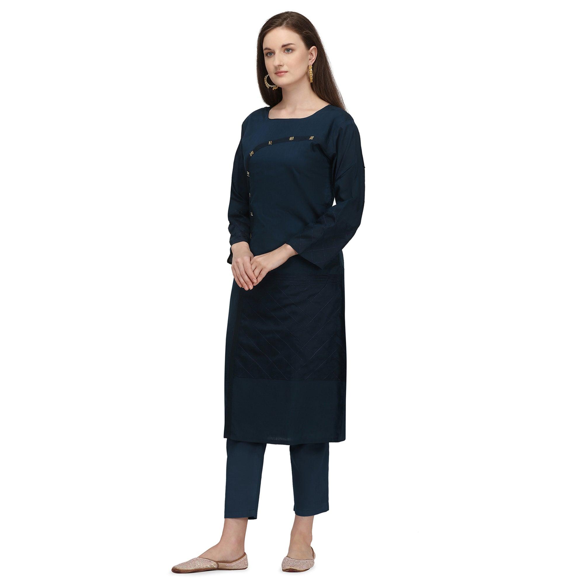 Imposing Navy Blue Colored Partywear Embroidered Viscose Kurti - Peachmode